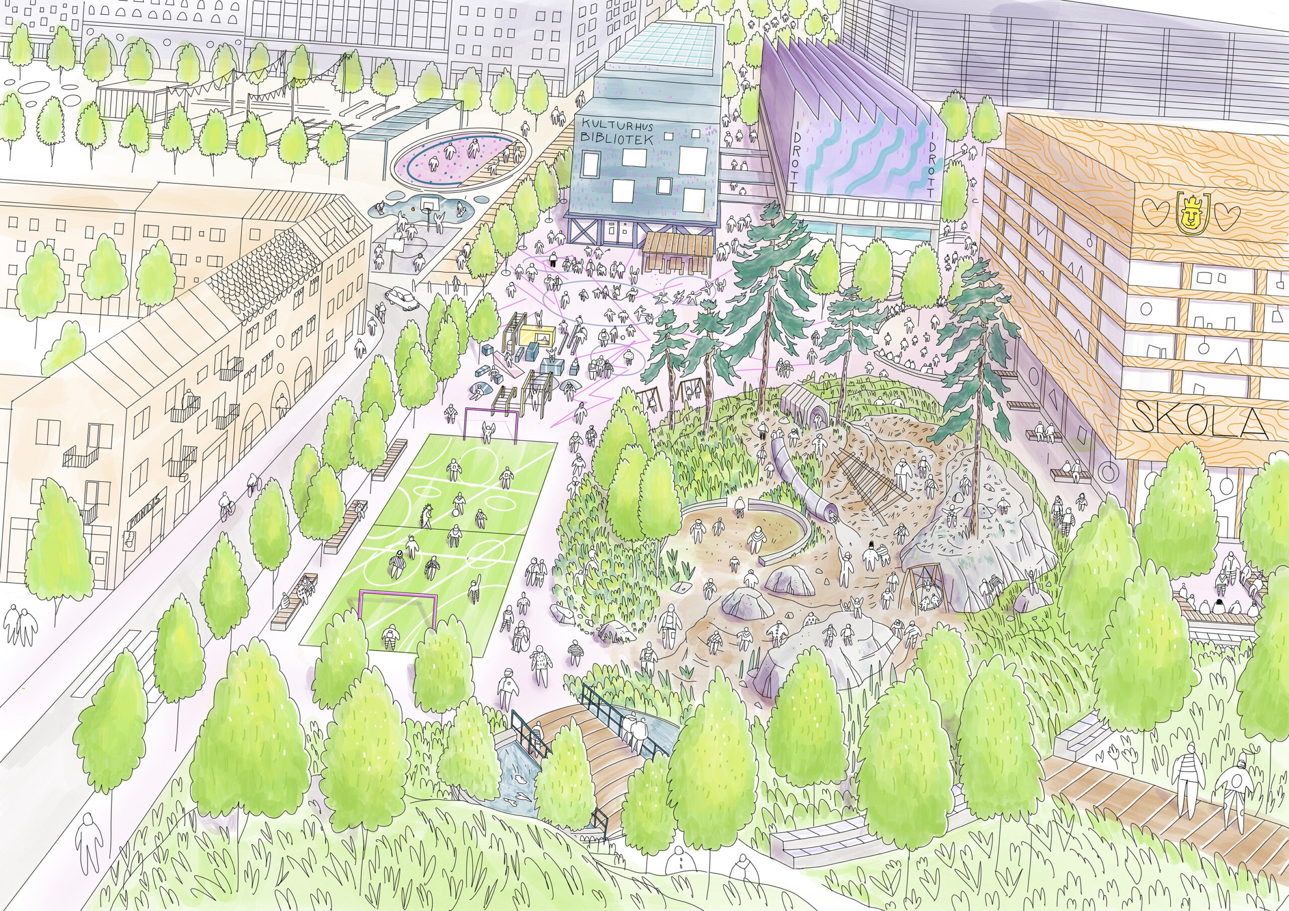 "Riktlinje för utemiljöns yta och kvalitet vid förskola och grundskola", Landskapslaget AB. Illustration: Max Goldstein.