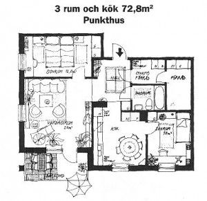 3 rum och kök i Punkthus, 72,8m2