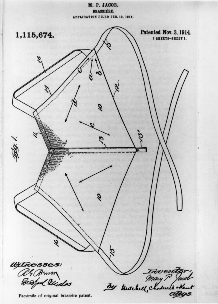 Image of the first patent for a brassiere, which features a hand-drawn sketch of the first bra.
