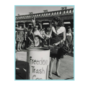 Women throwing feminine objects in a Freedom Trash Can in 1968