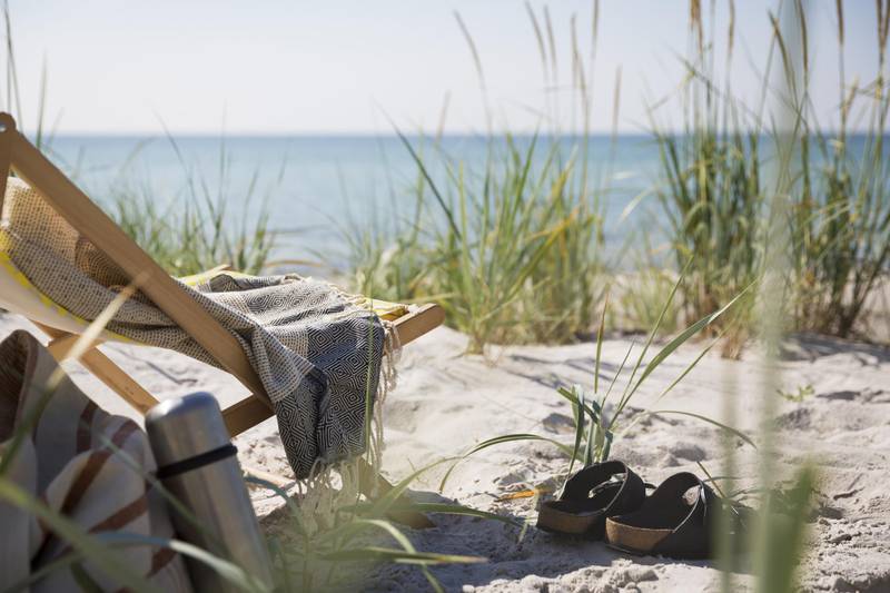 Sun chair and sandals on the beach in Falsterbo, Skåne