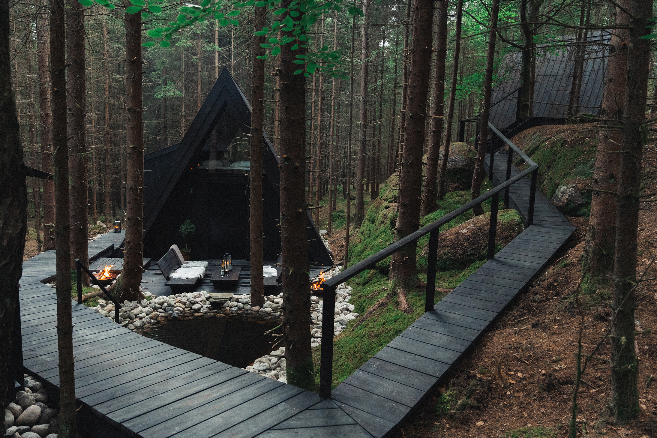 A modern black cabin in a dense forest, connected by wooden walkways and surrounded by trees and moss-covered ground.