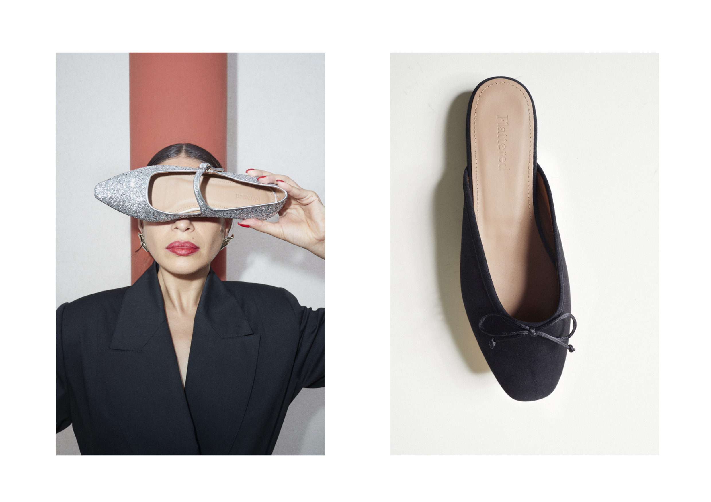 Two images. One with a woman holding a shoe in front of her eyes and one with a black ballerina shoe on a white surface.