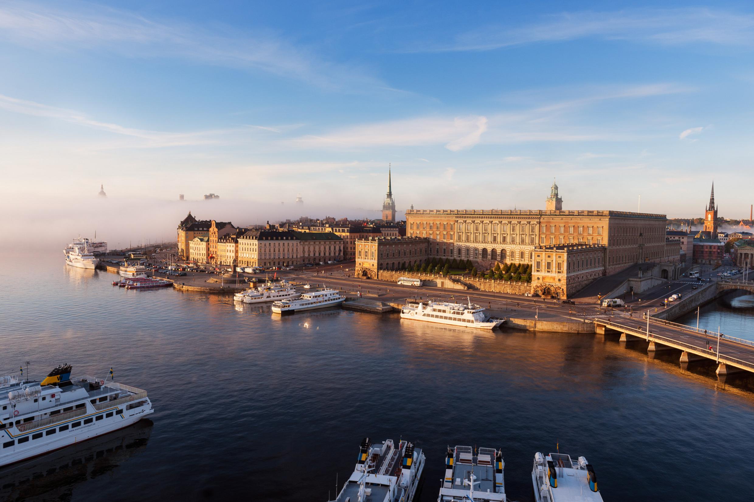 A view of the Royal Palace in Stockholm City on a sunny day during the spring.