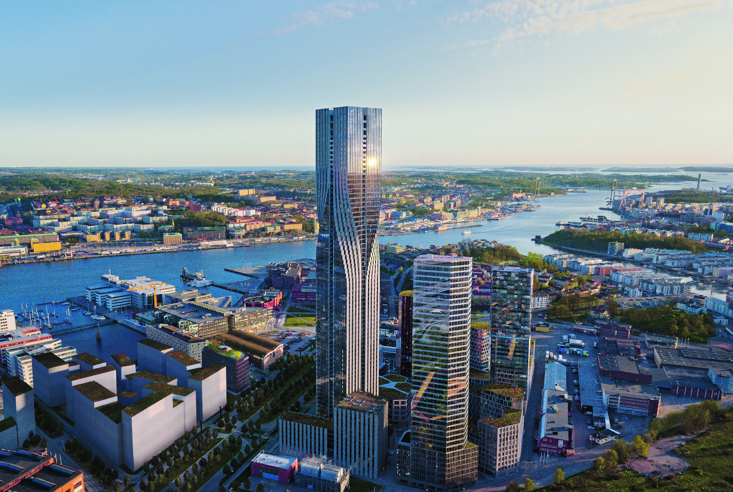 Een weergegeven beeld van het hoge gebouw van het Clarion Hotel Karlatornet in Göteborg.