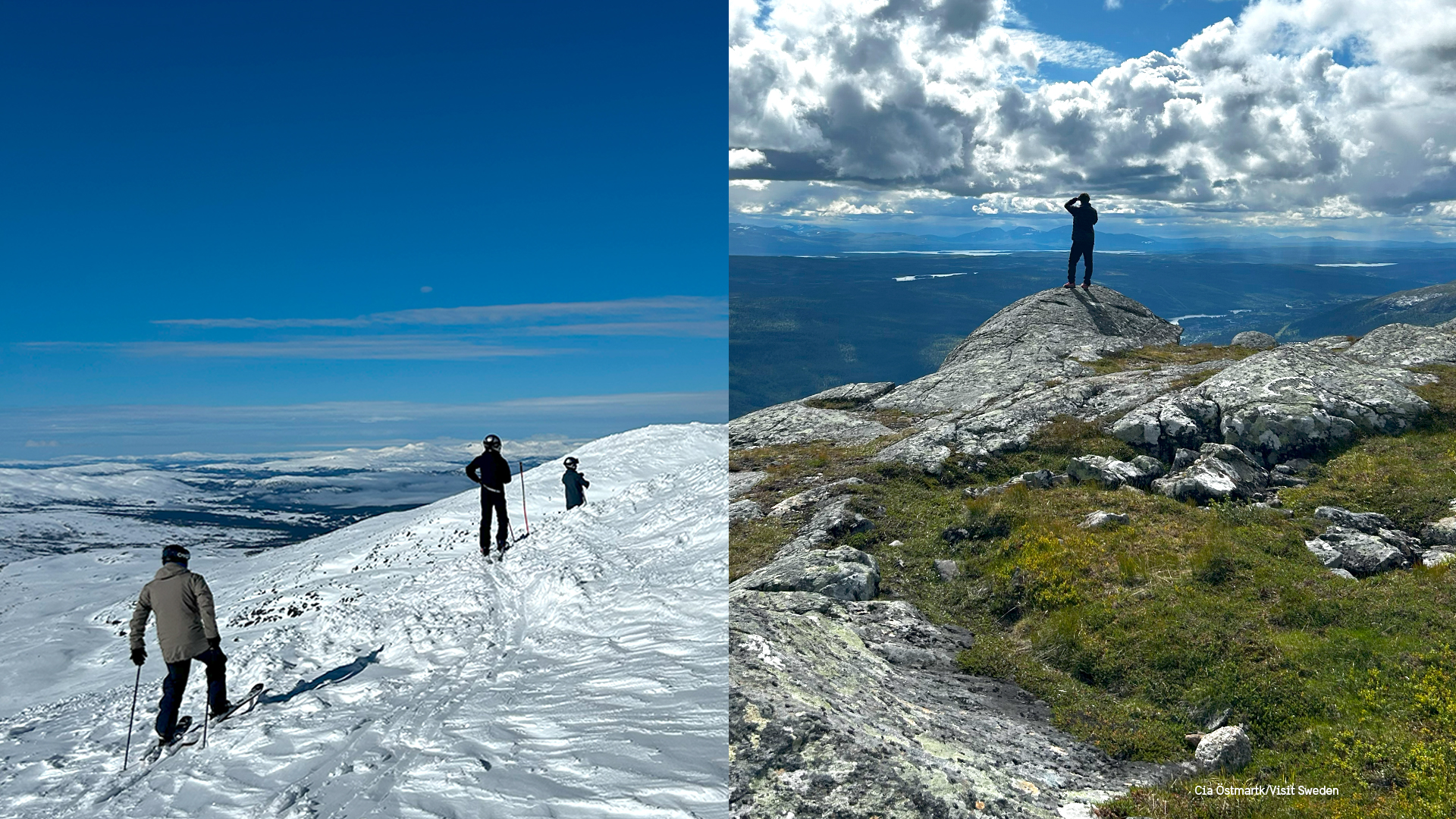 Een gesplitst beeld van Åre, Zweden, met winter- en zomeractiviteiten. Links doorkruisen skiërs een besneeuwde berg onder een strakblauwe hemel. Rechts staat een wandelaar op een rotsachtige top, uitkijkend over een weelderig groen landschap met glooiende heuvels.