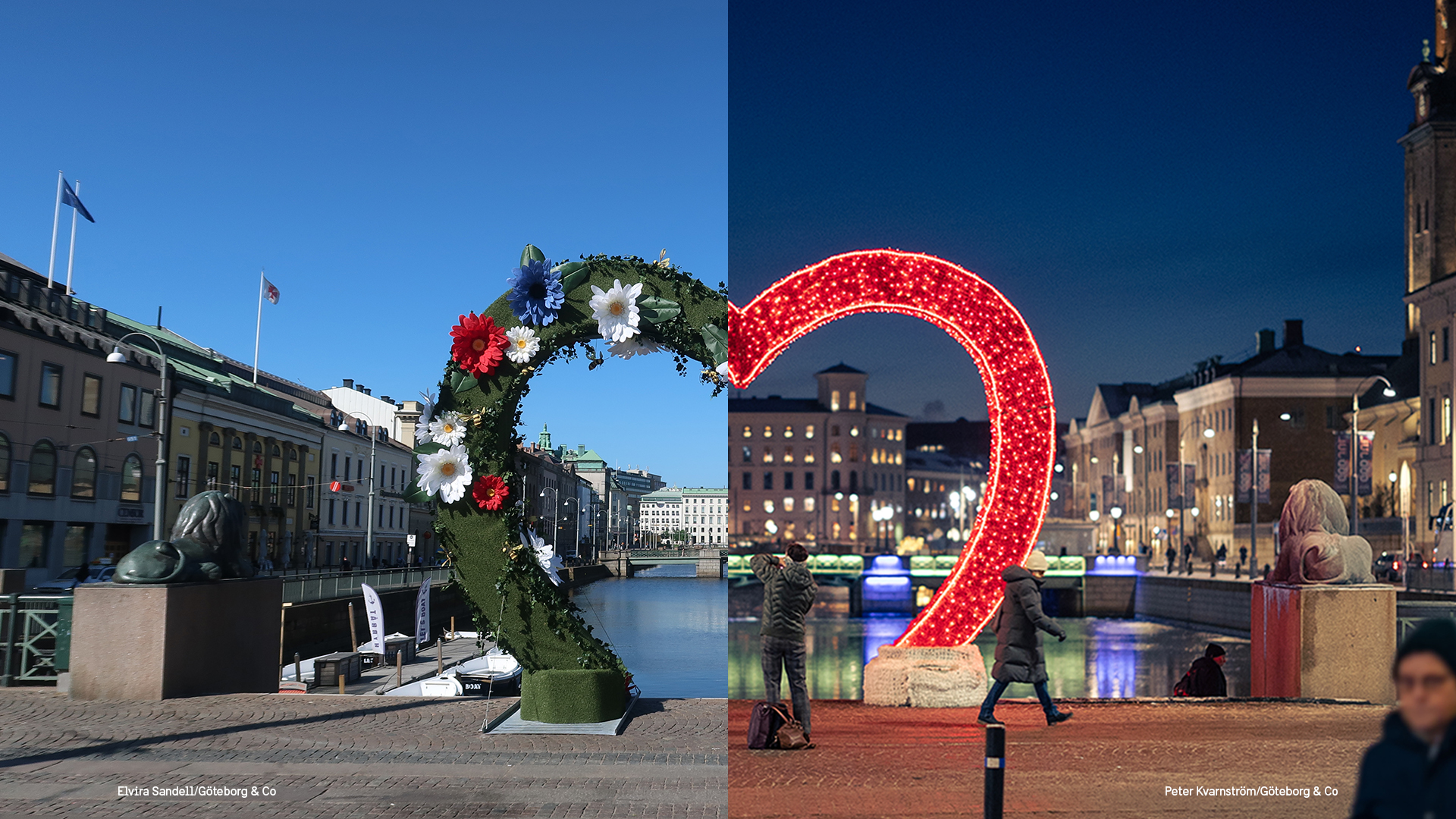 Een montage van twee beelden van dezelfde hartvormige installatie in Göteborg tijdens verschillende seizoenen. Links een zomers tafereel met een met bloemen bedekt hart onder een blauwe hemel, tegen historische gebouwen en een kanaal. Rechts een winterse nacht.