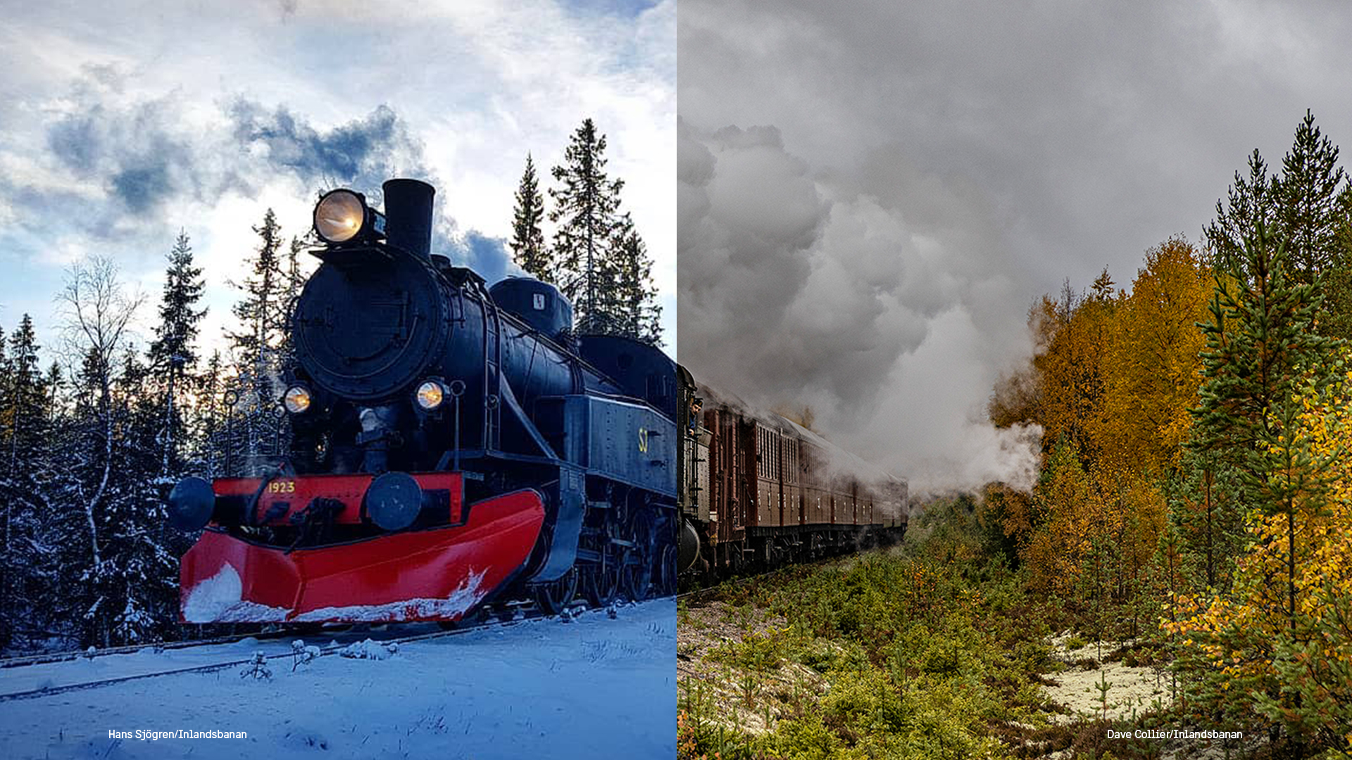 Een montage van twee beelden van een oude stoomtrein op de Zweedse Inlandsbanan spoorweg. De linkerkant toont een winter-voorjaarssituatie met een besneeuwde grond en een zwarte locomotief met een rode sneeuwploeg. De rechterkant toont dezelfde trein in de herfst.