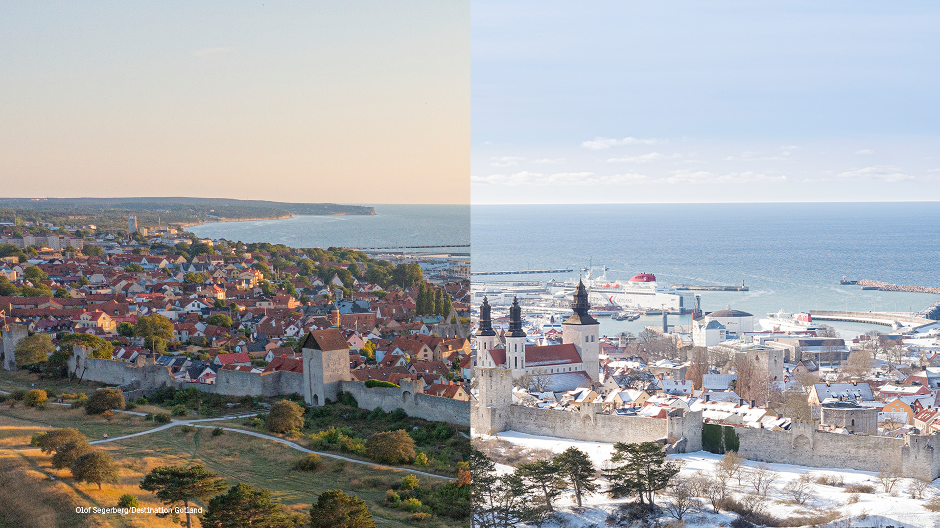 Een montage van twee beelden van Visby, Gotland, in de zomer en winter. De linkerkant toont een zonovergoten uitzicht op de middeleeuwse stad met groene bomen, warmgetinte daken en de Baltische Zee op de achtergrond. De rechterkant toont dezelfde scène in de winter.