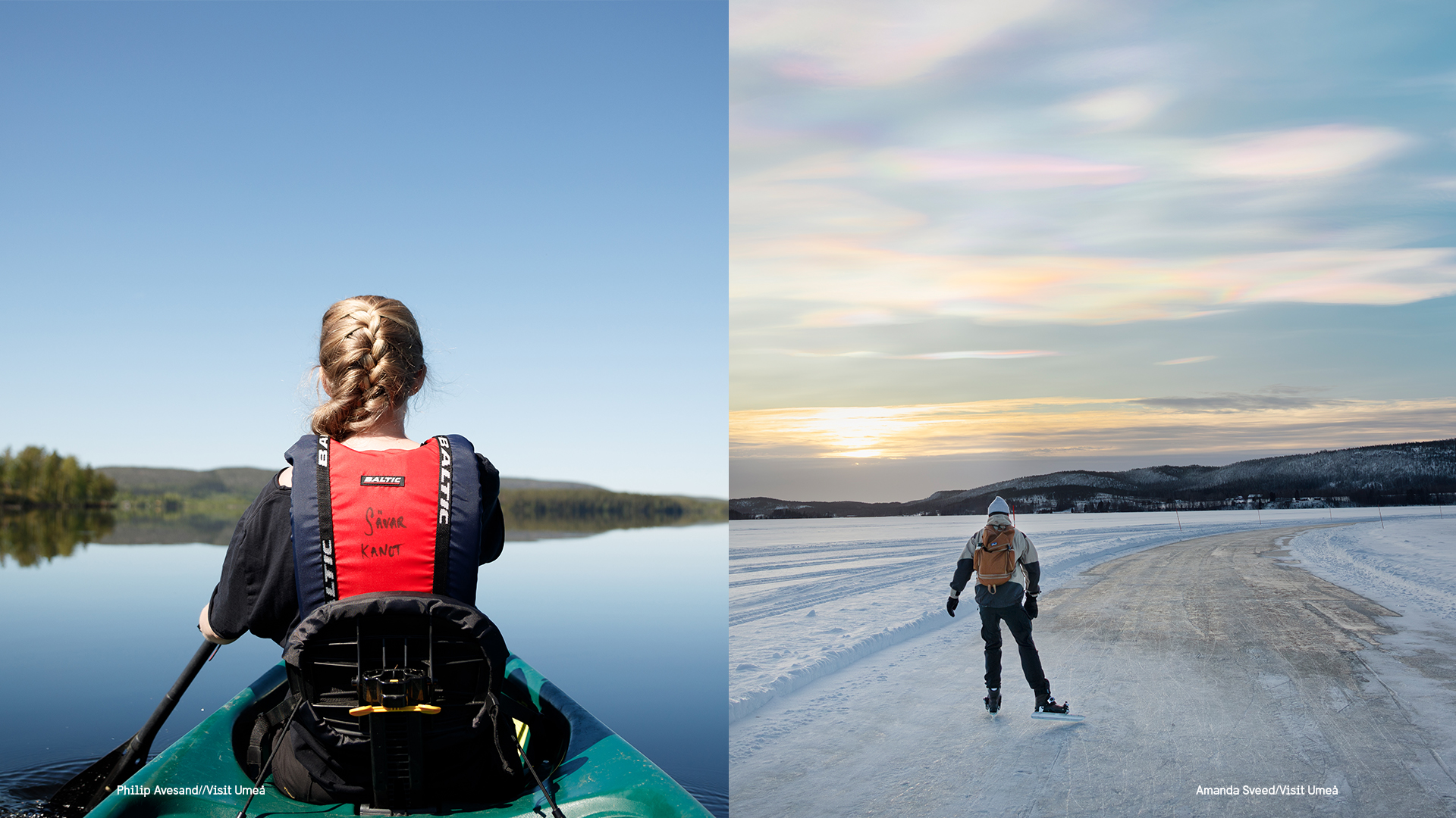 Een gesplitst beeld van het Tavelsjö-meer in Zweden, met zomer- en winteractiviteiten. Links peddelt een vrouw in een kajak op een stilstaand meer, omringd door beboste heuvels onder een strakblauwe hemel. Rechts schaatst iemand op een geprepareerde baan op het meer.
