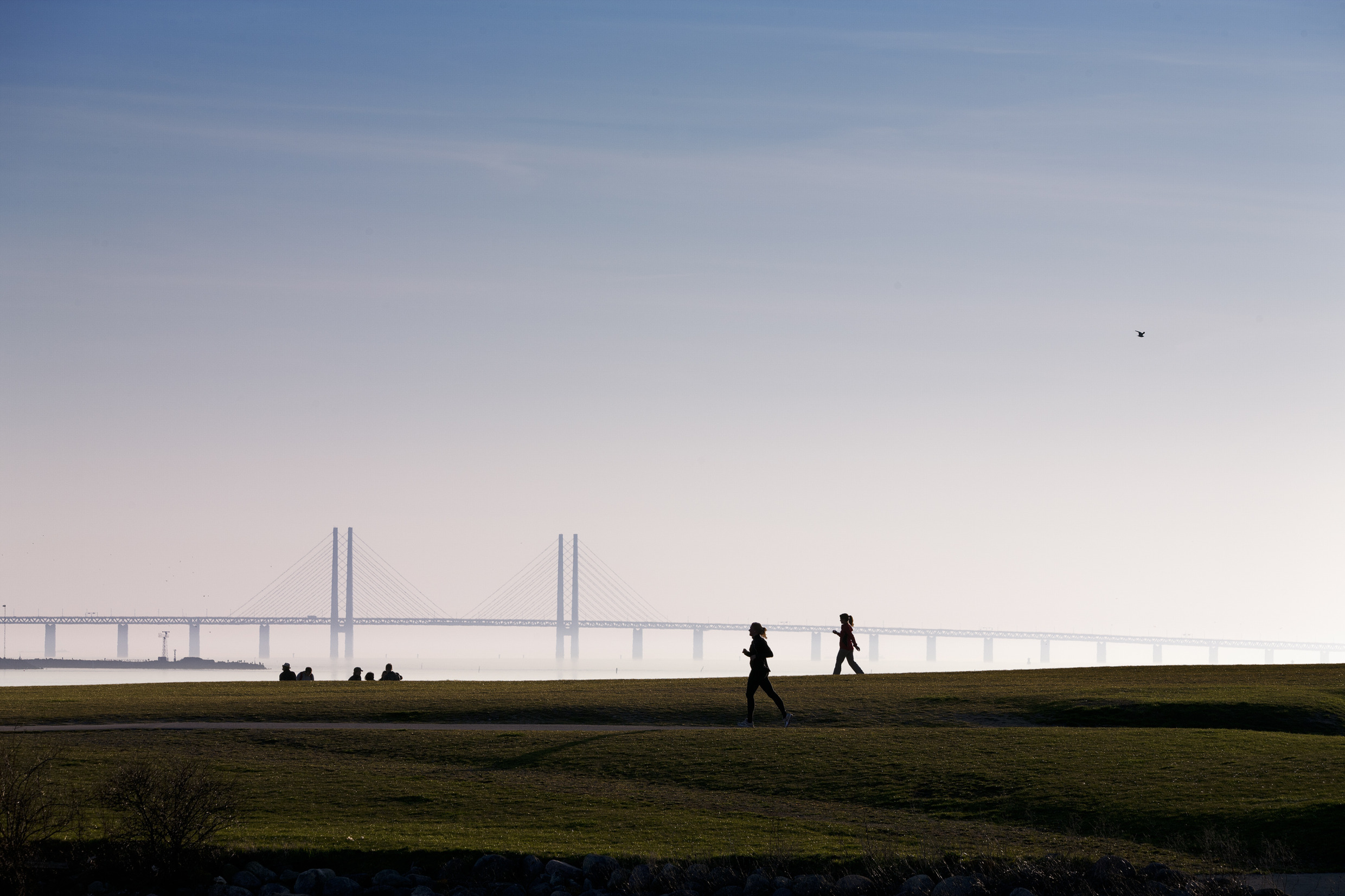 Foto van de Sontbrug in de zonsondergang. Op de voorgrond een paar mensen.