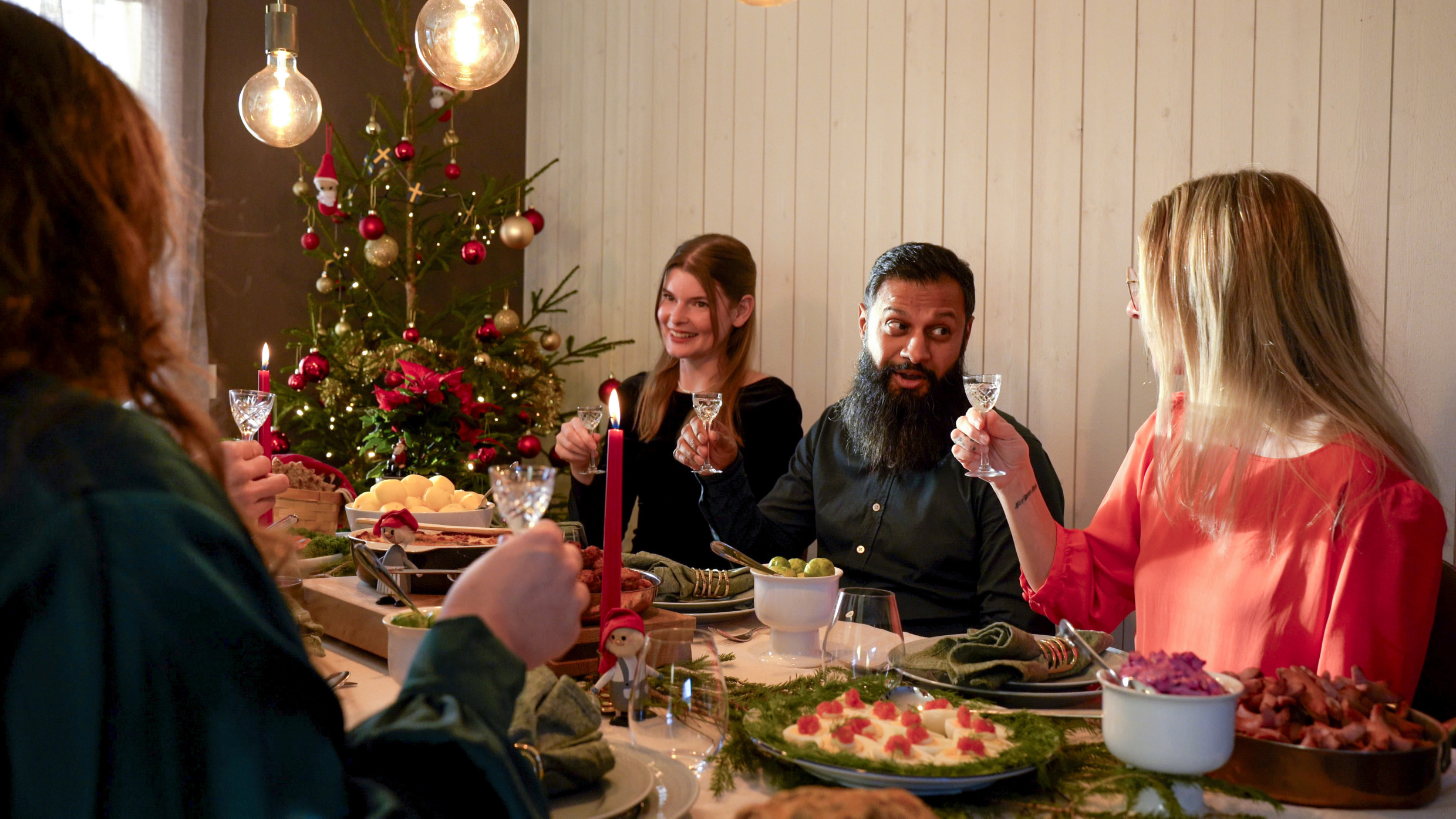 Een groep vrienden zit rond een kersttafel en zingt een schnappsliedje. In de hoek staat een kerstboom.