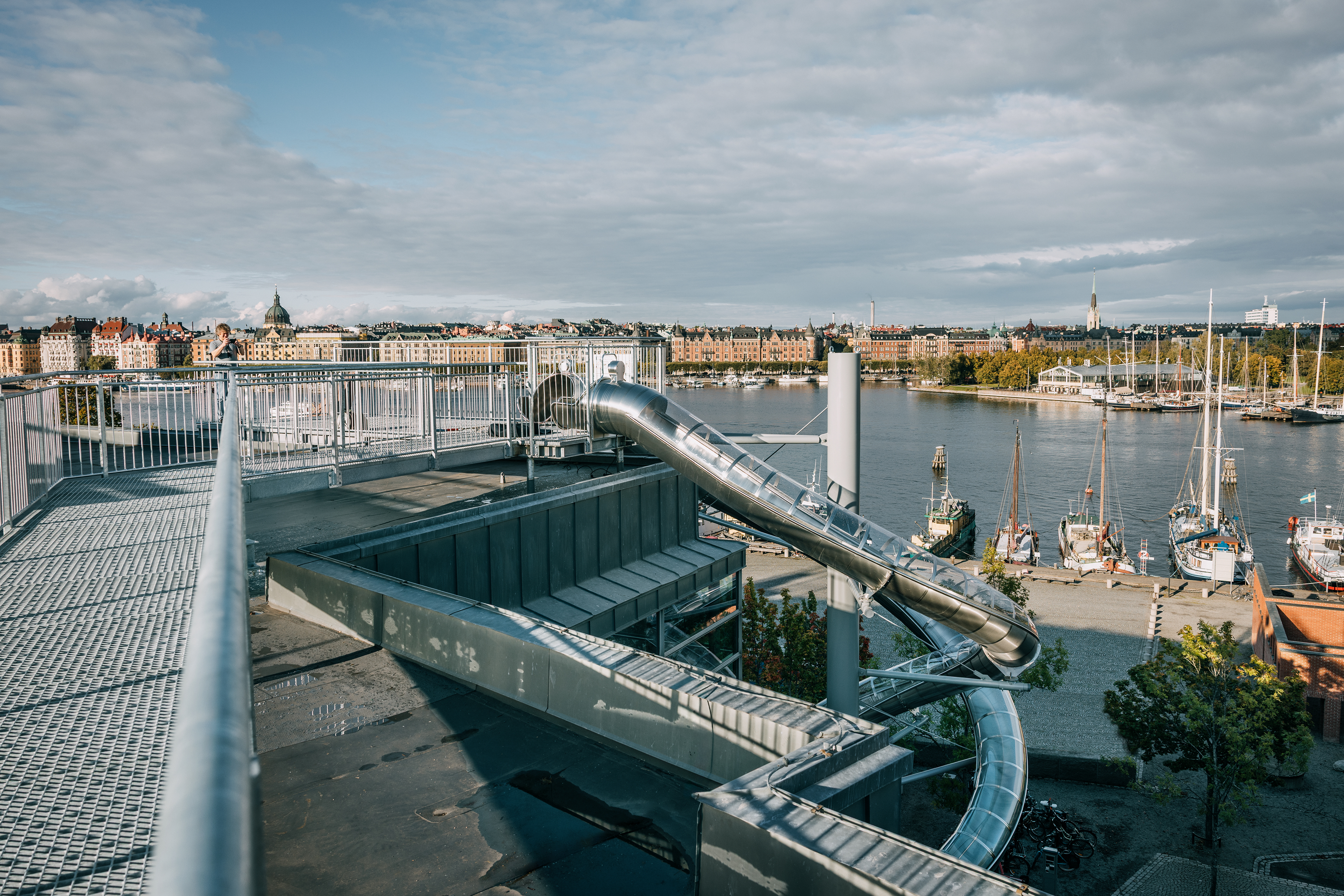 Stockholm Slides at Moderna Museet offers a playful way to experience art, with sweeping views across Stockholm’s waterfront from the rooftop.