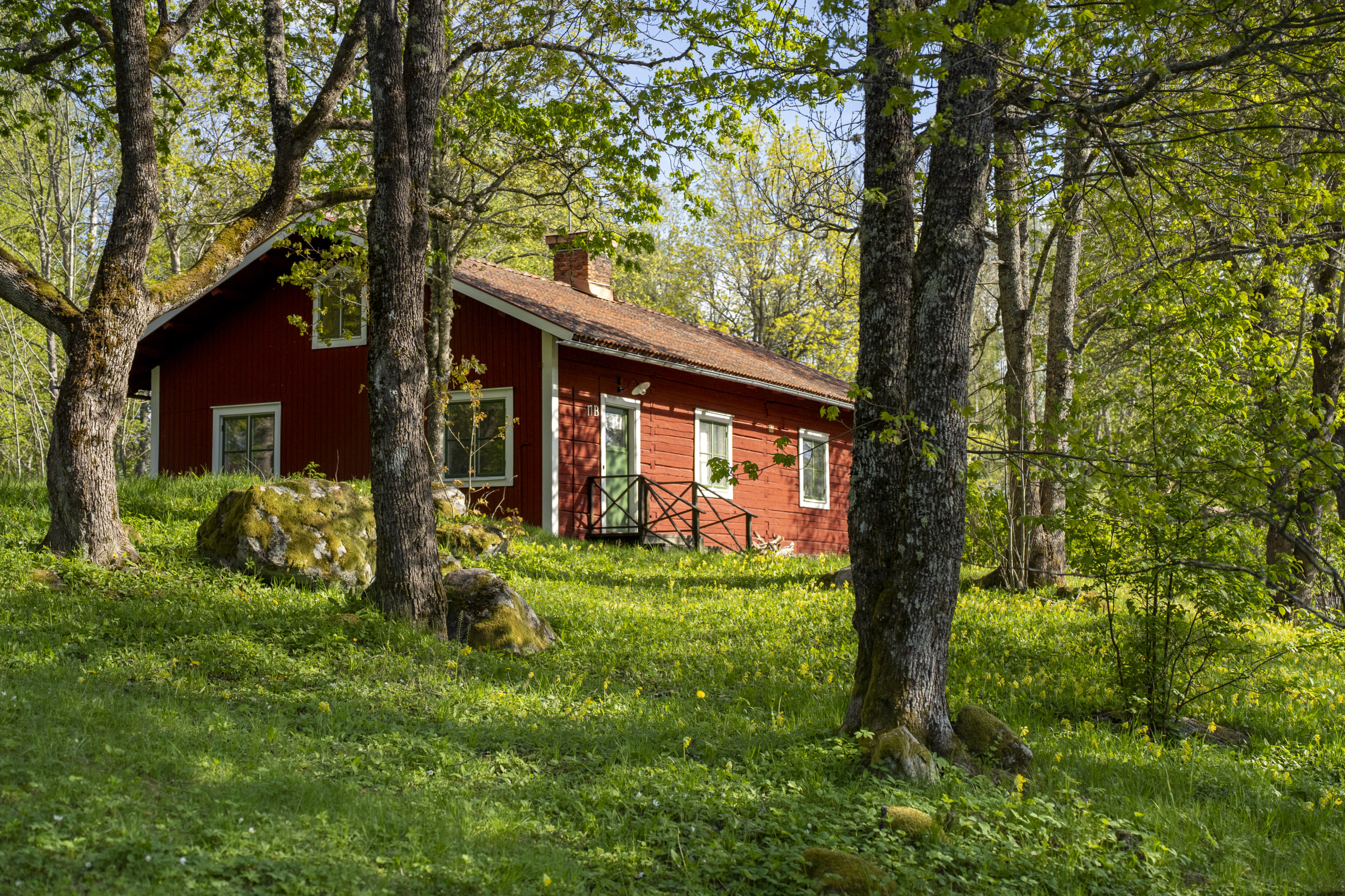 Chalet suédois rouge en bois dans un cadre forestier au Högbo Brukshotell & Spa.