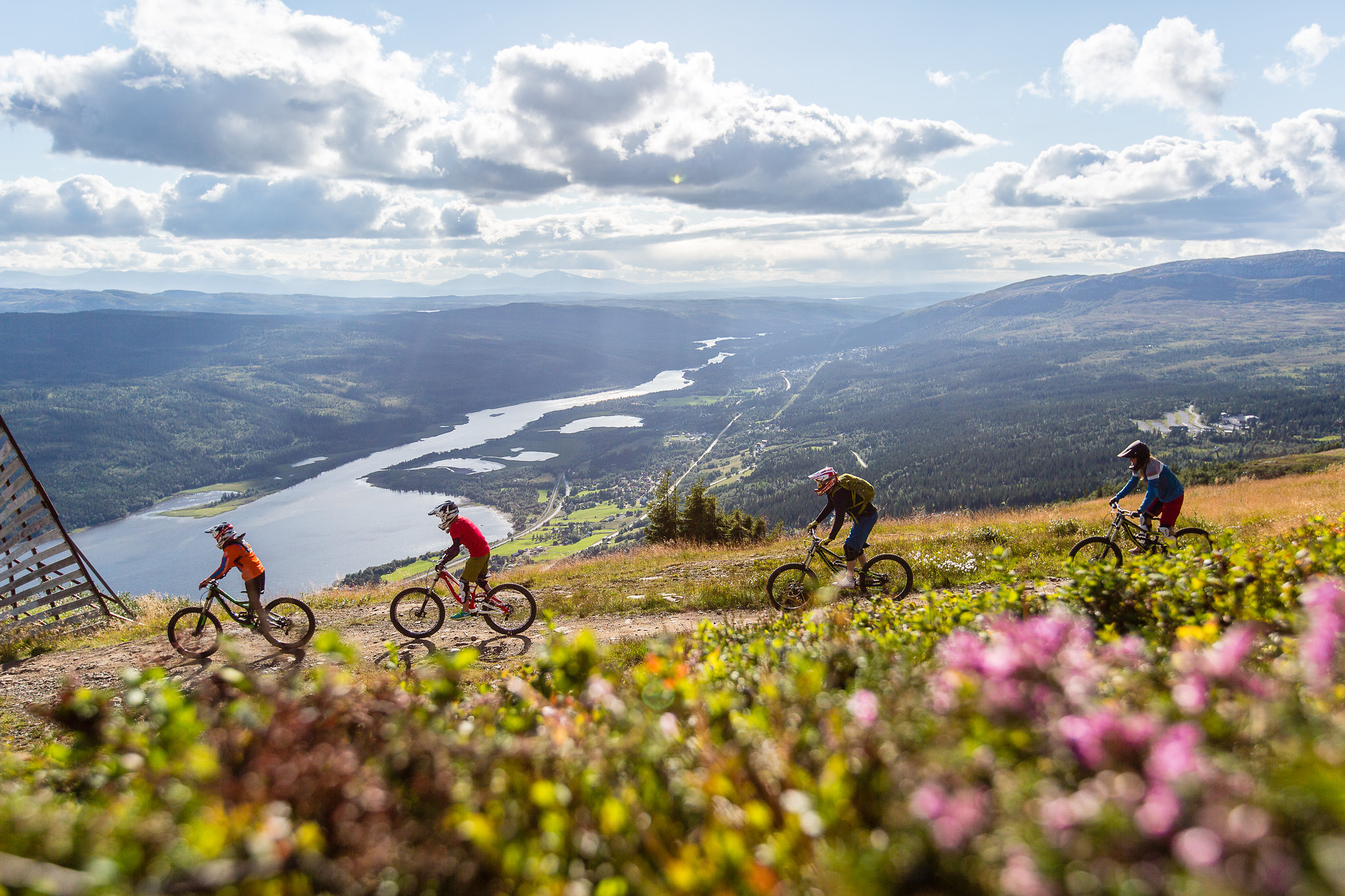 Vier mensen op mountainbikes op een afdaling in Åre, met een prachtig uitzicht op beboste bergen, een meer en een vallei onder een halfbewolkte hemel.