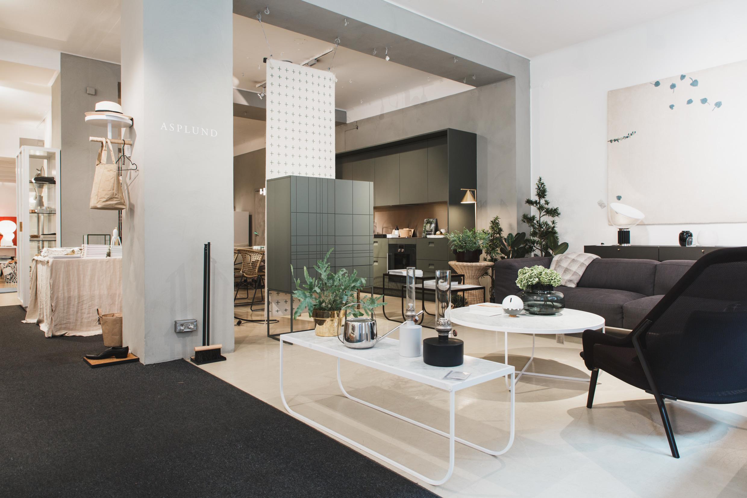 Furniture and design items in earth colours at the Asplund shop.