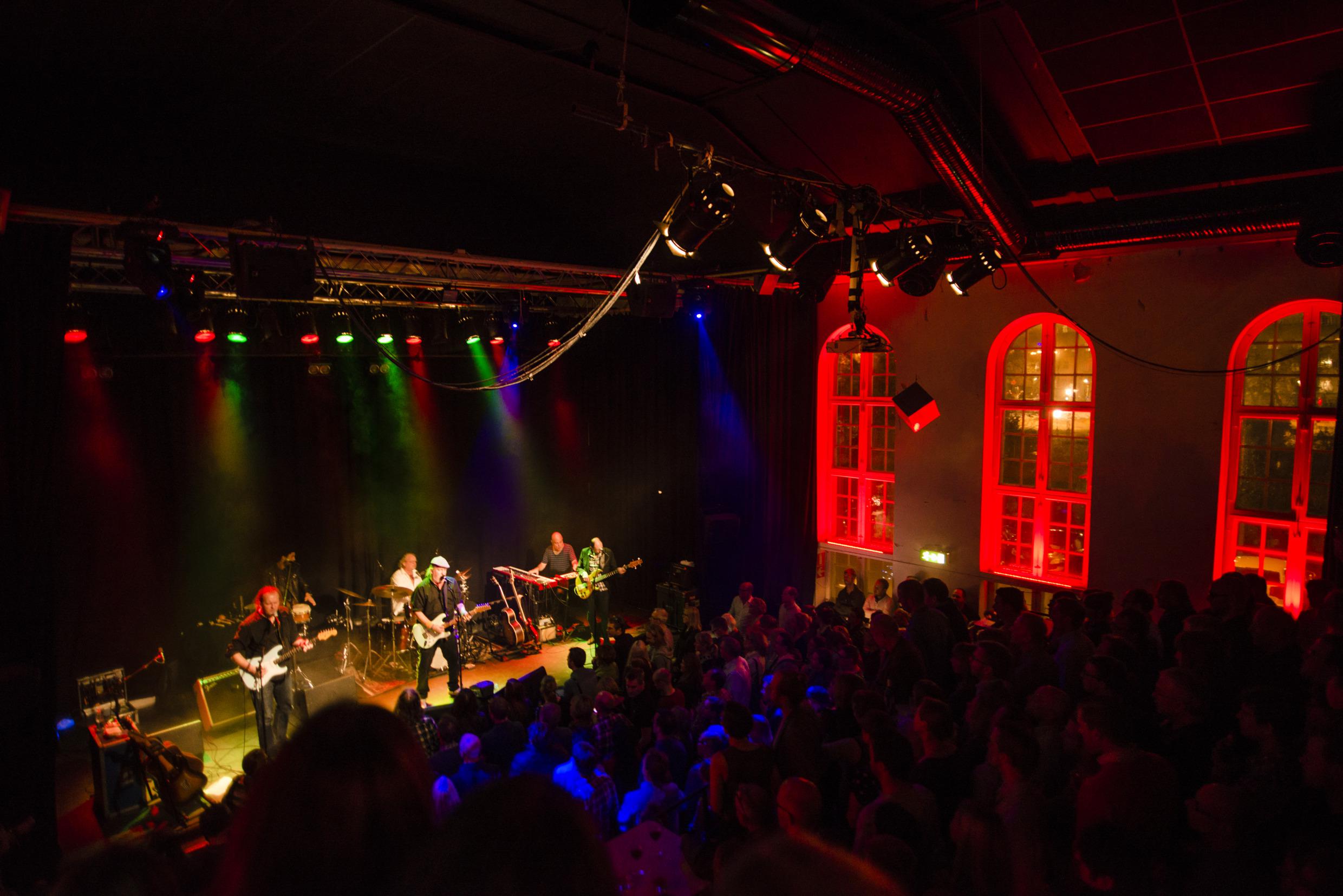 Une foule lors d'un concert regardant les musiciens sur scène.