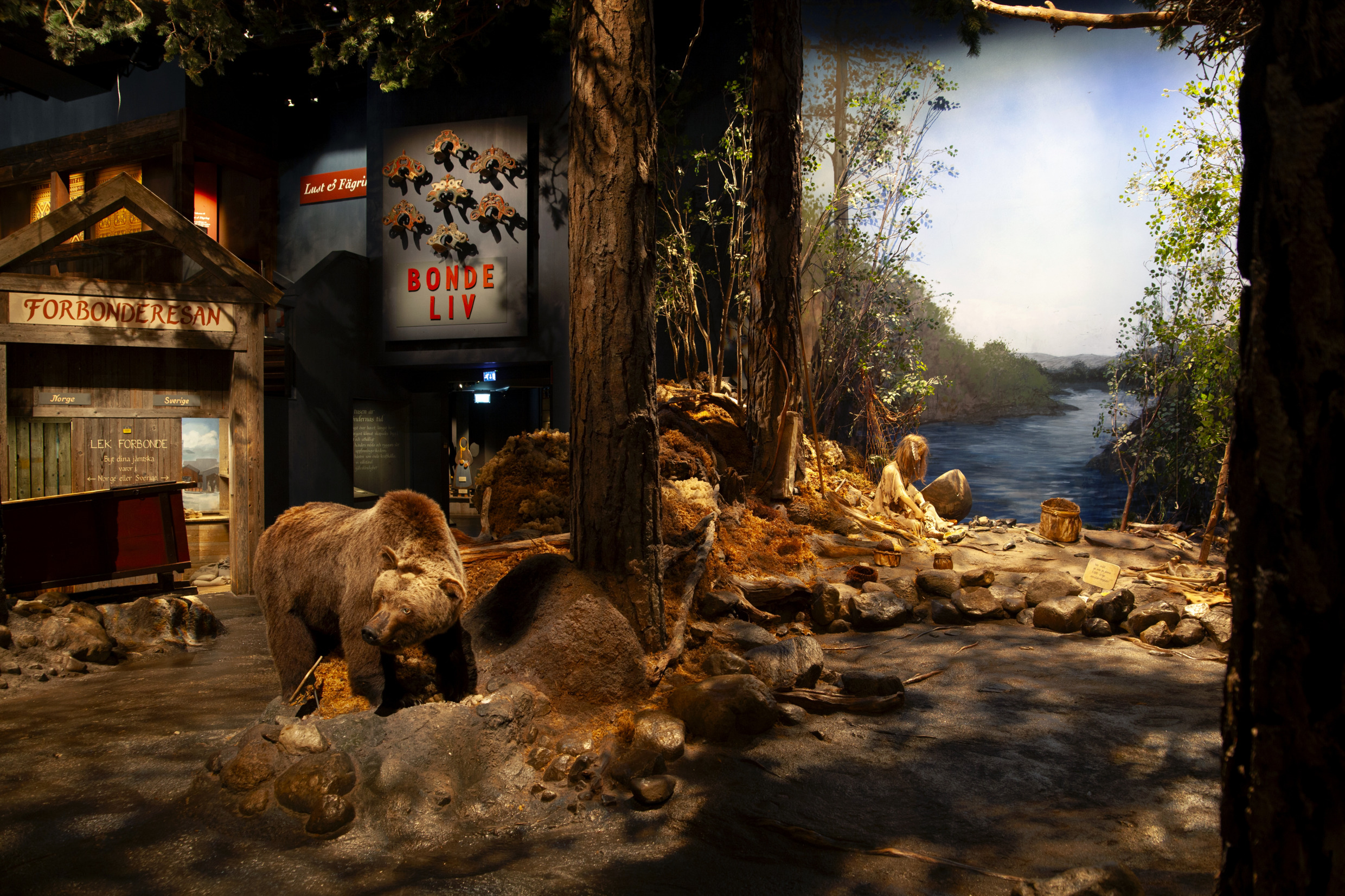 Ausstellungsszene im Jamtli, die eine Frau aus der Steinzeit am Flussufer und ein Bärenmodell in einer waldähnlichen Umgebung im Innenbereich zeigt.