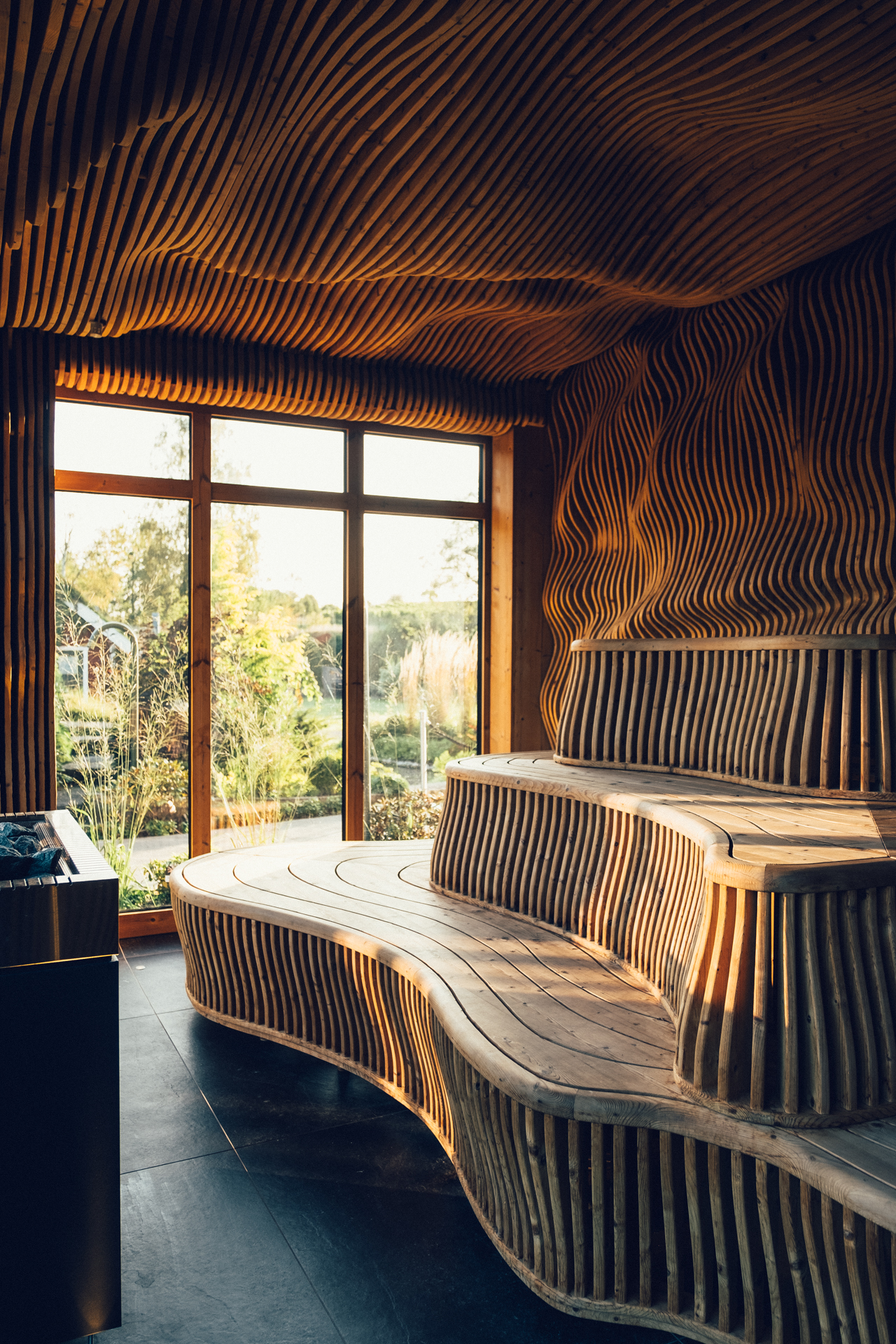 Interior of a sauna at Ästad Vingård.
