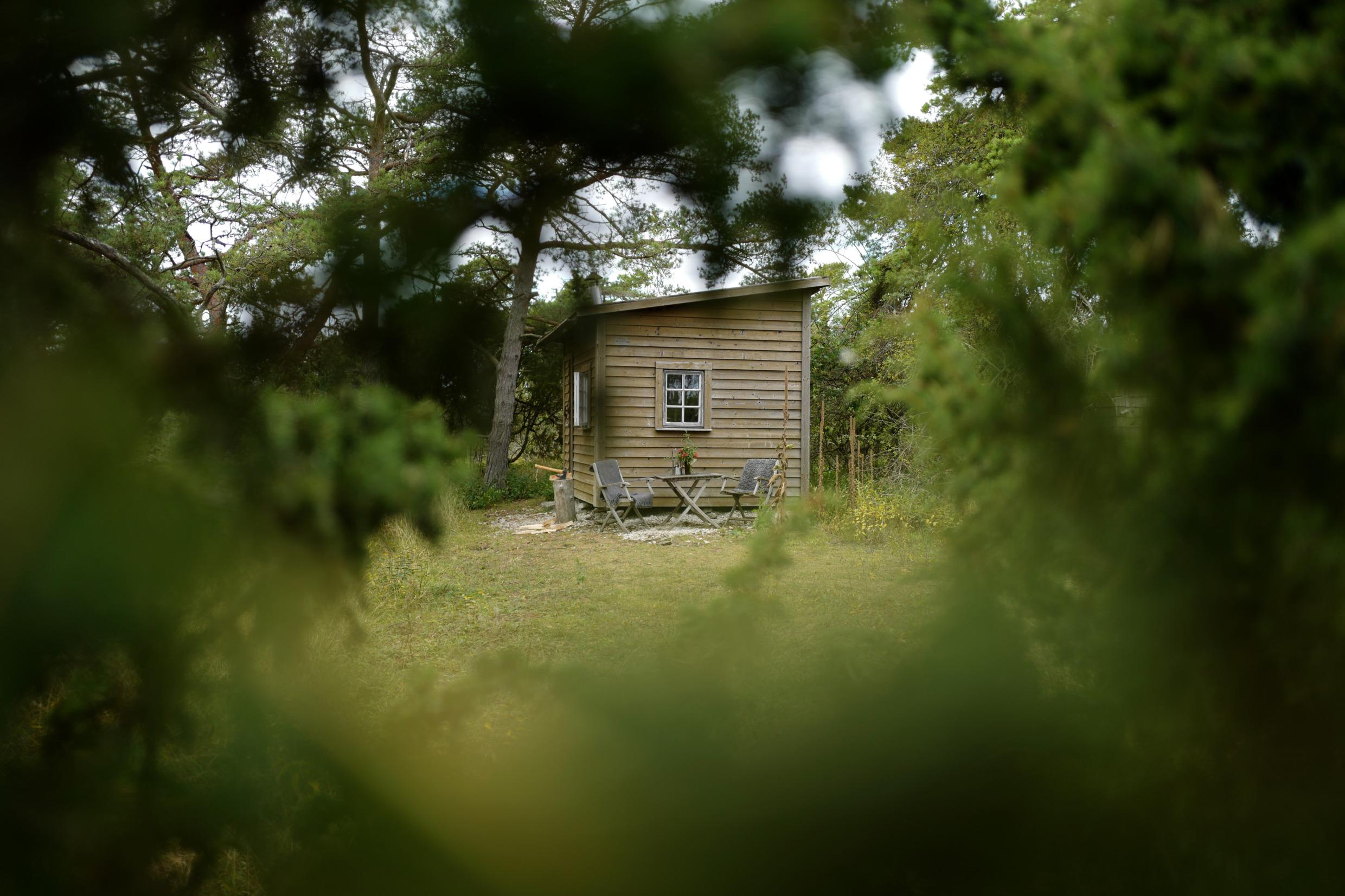 On entrevoit une petite cabane en bois parmi la verdure. Il y a des tables de jardin et deux chaises devant la cabane.