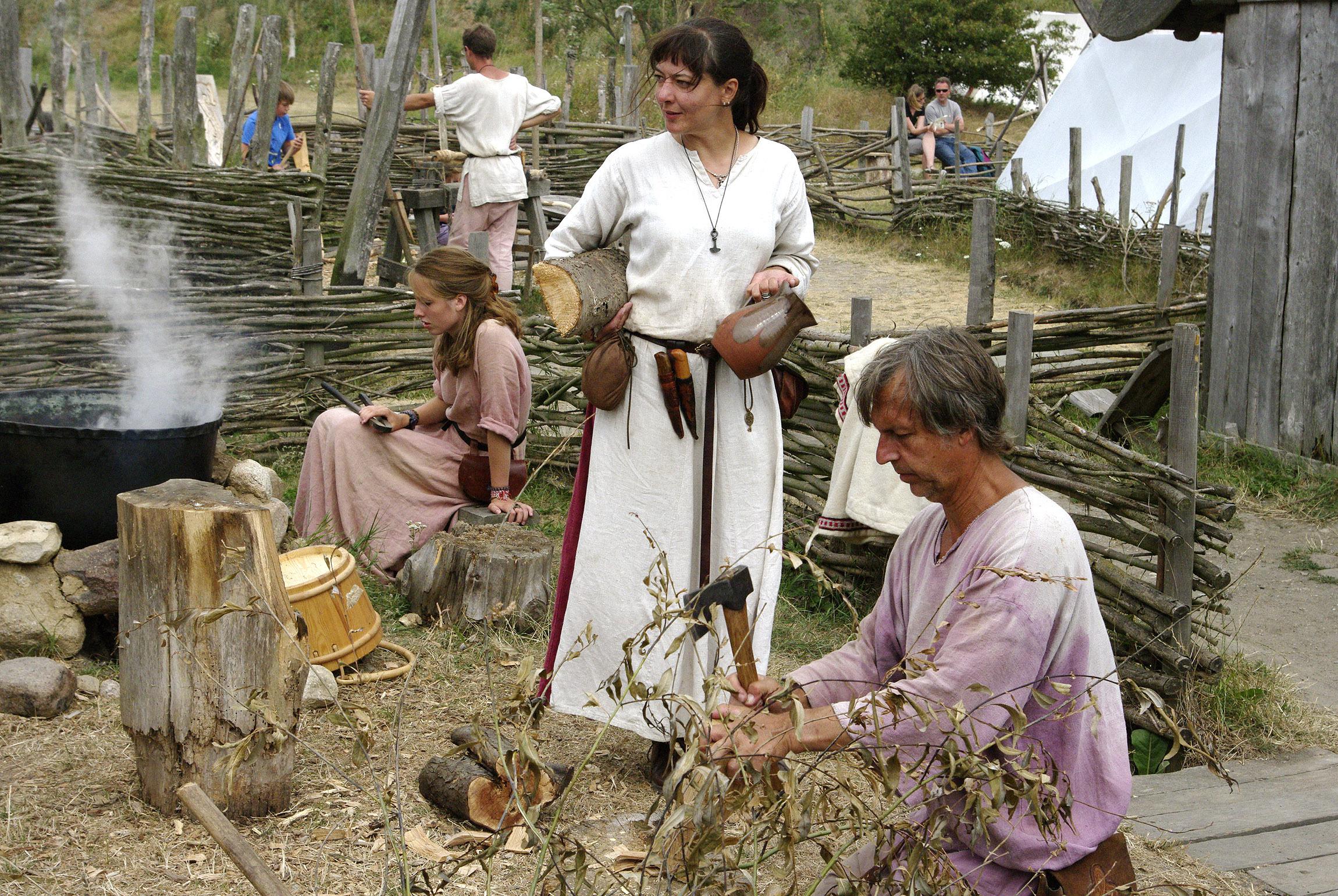 Ces hommes et ces femmes incarnent le mode de vie viking au musée Foteviken de Scanie. Ils sont en train de faire bouillir de l'eau sur un feu ouvert, coupent du bois, etc.