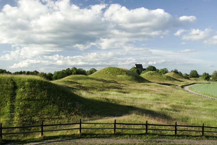 Vue sur les collines des tumulus royaux d'Uppala. C'est l'été et l'herbe est verte.