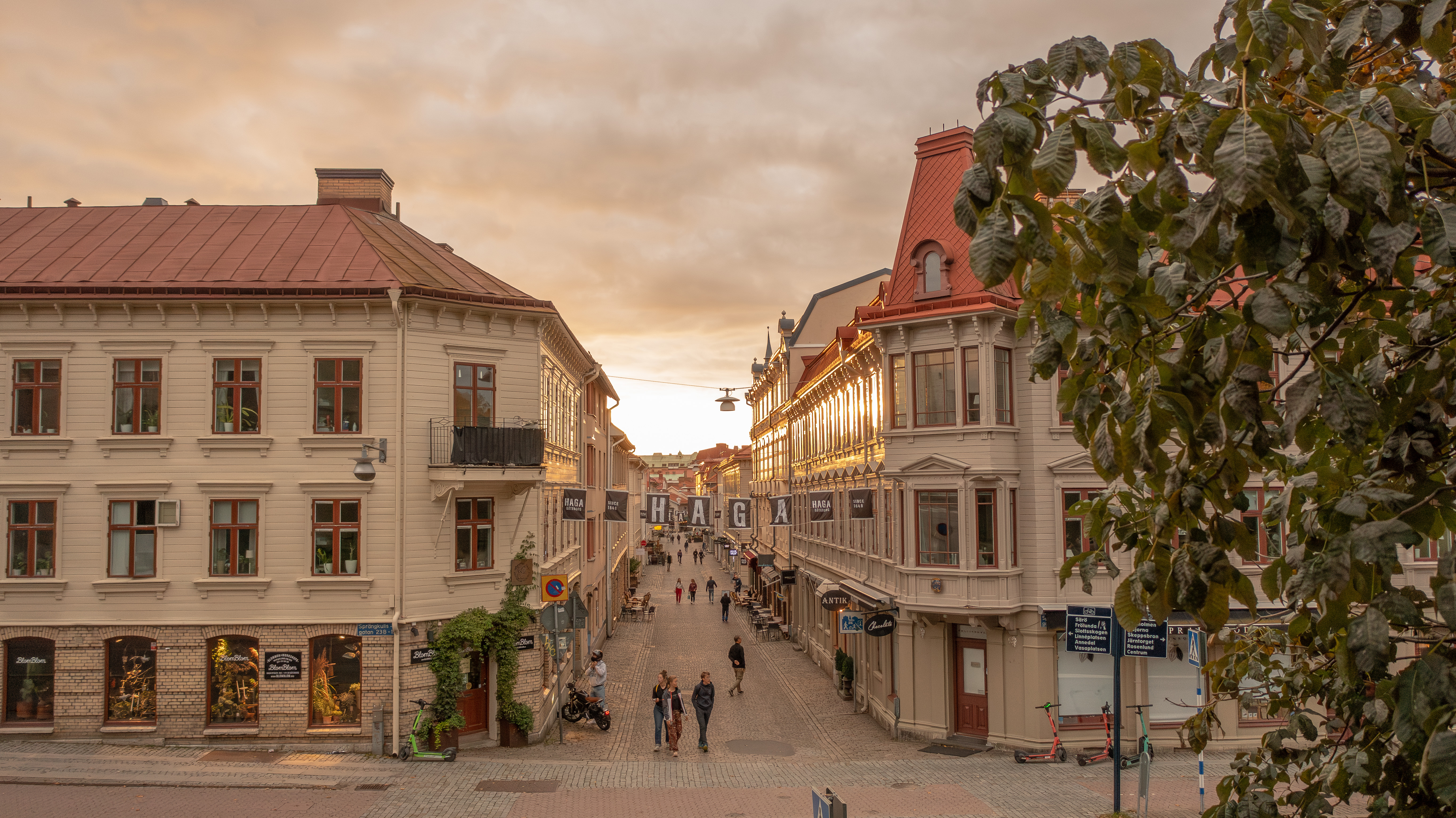 Cobblestone street lined with historic wooden buildings in Haga, one of Gothenburg’s oldest neighbourhoods.