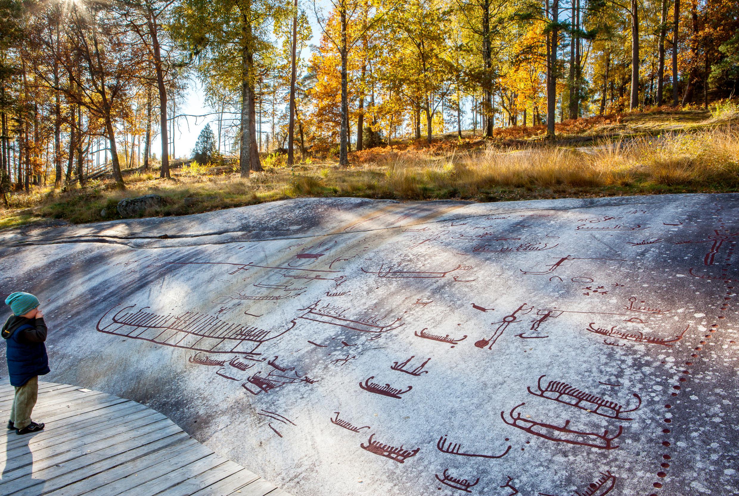 Ein Kind steht vor einer schrägen Granitplatte, in der sich rote Felszeichnungen befinden.  Sonnendurchfluteter, herbstlicher Wald im Hintergrund.