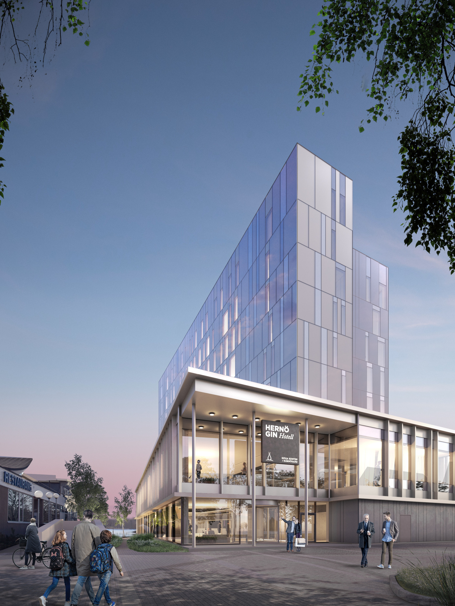 Exterior of the Hernö Gin Hotel. The building is several floors high and hasfloor-to-ceiling glass windows.