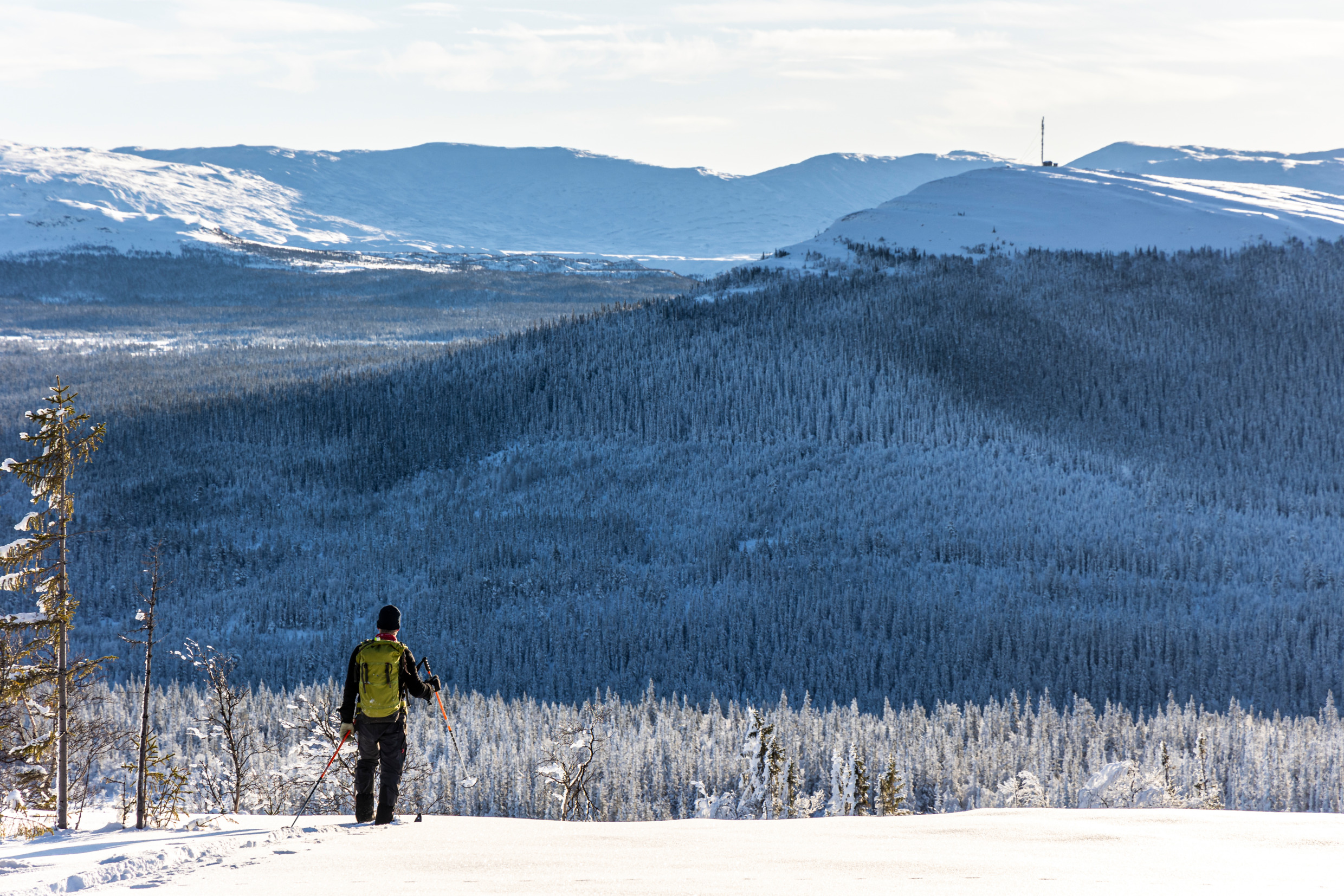 Eine Person auf Langlaufskiern blickt über eine schneebedeckte Landschaft und Berge.