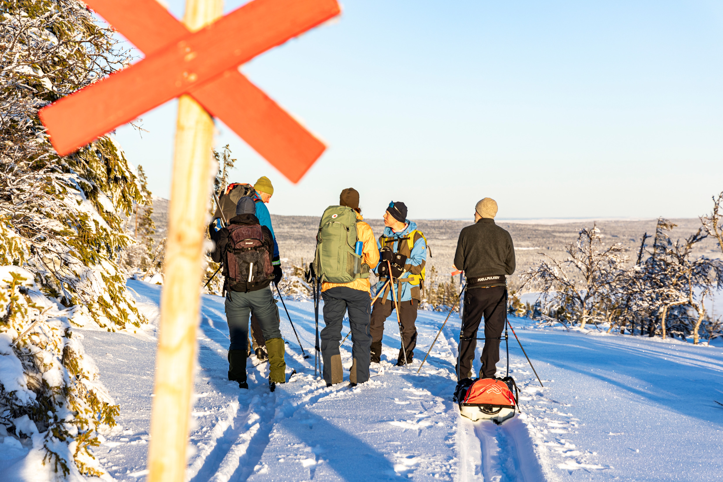 Un guide s'adresse à un groupe de skieurs de fond dans un magnifique paysage enneigé.