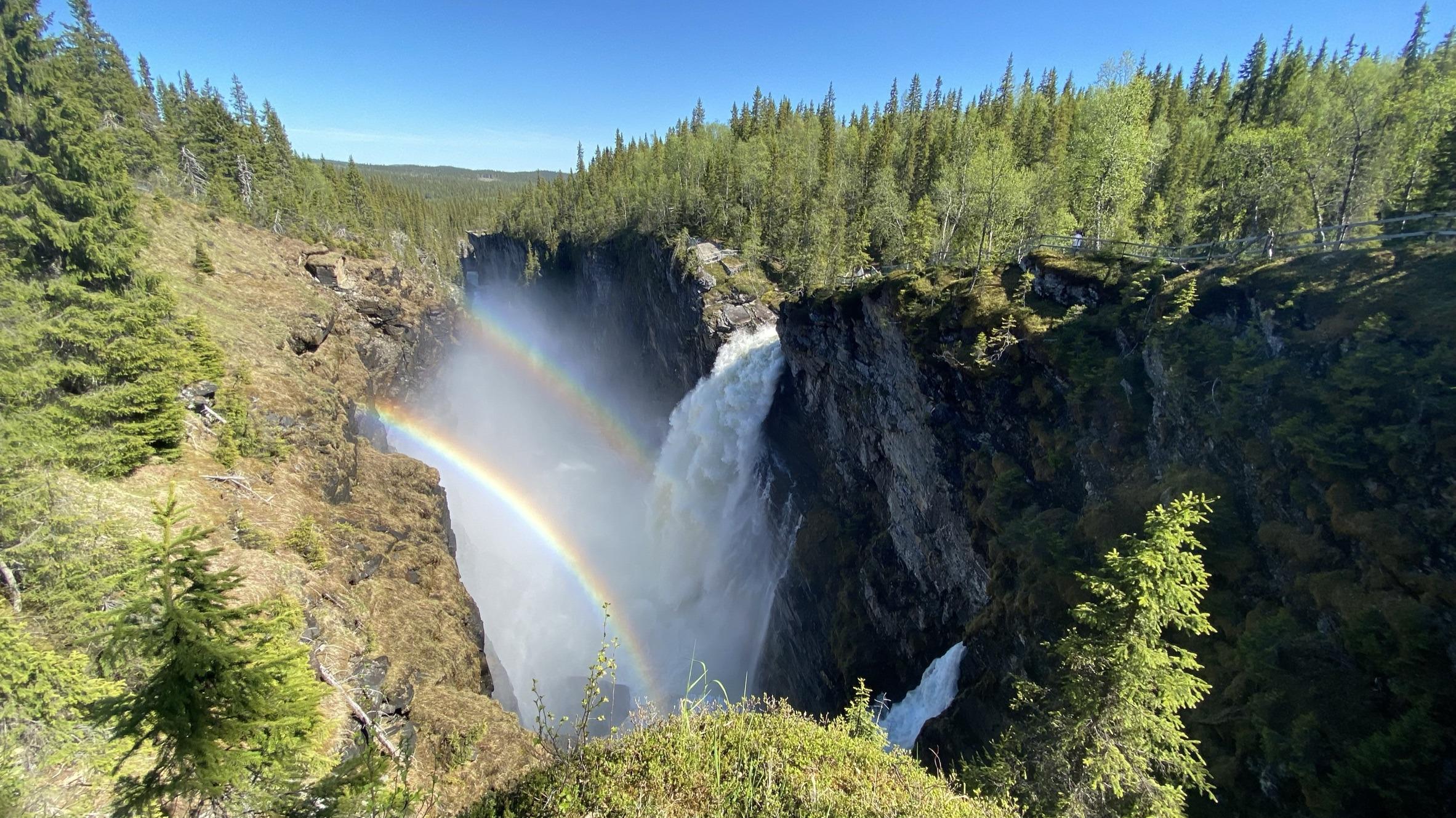 Een waterval stroomt langs een klif omgeven door sparrenbos. In de waterdamp is een dubbele regenboog zichtbaar.