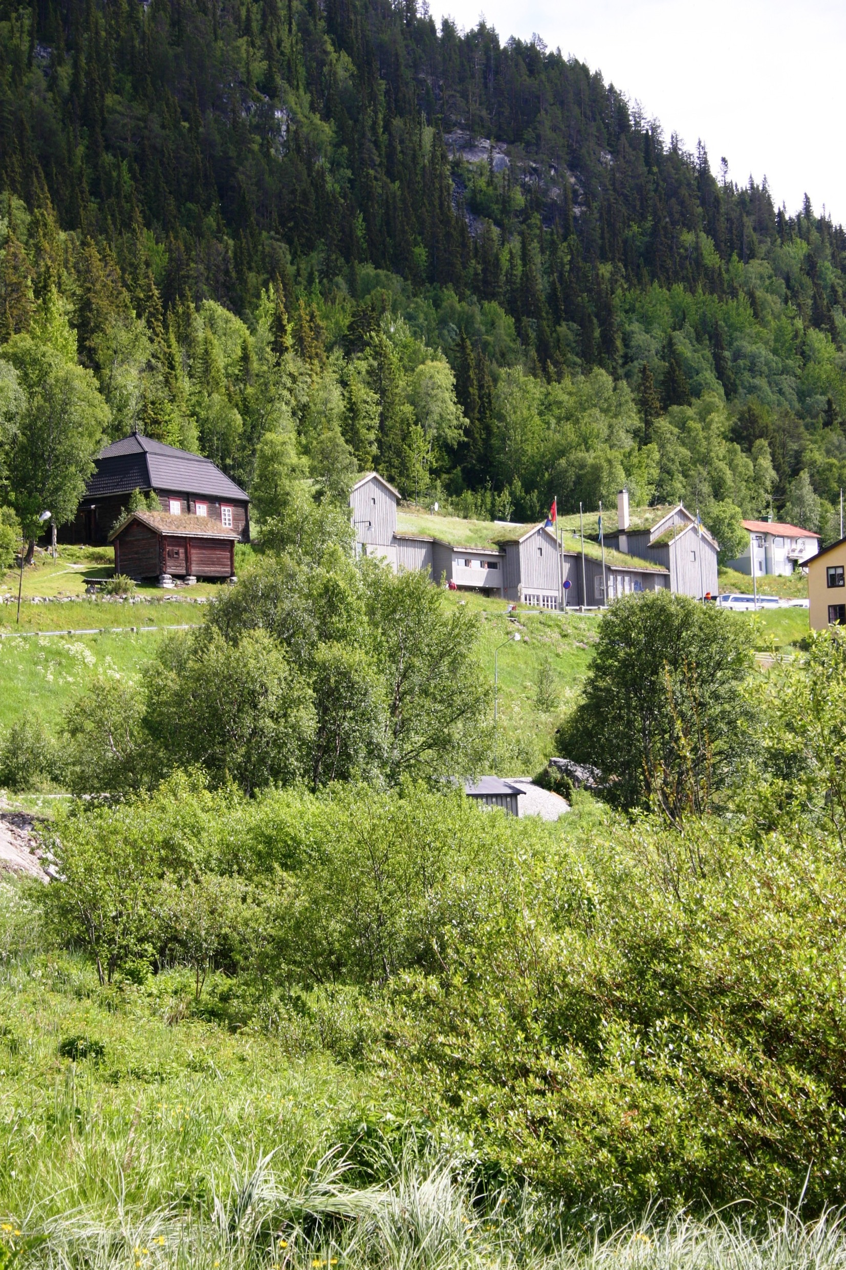 Traditionele houten gebouwen op een groene heuvel, omringd door bossen en bergen.