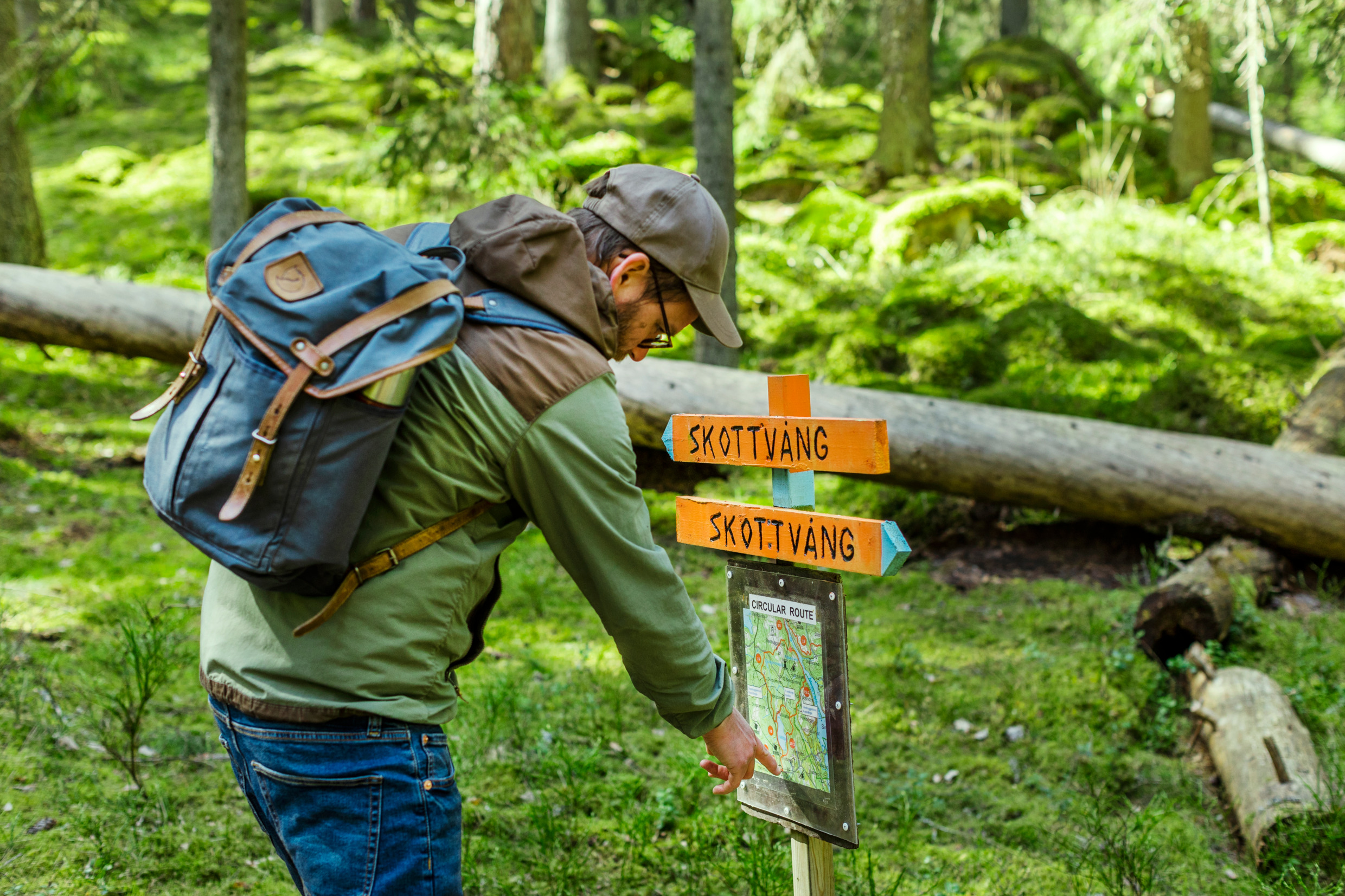 A man with a backpack stands in a forest and points to a map under a sign with two arrows.