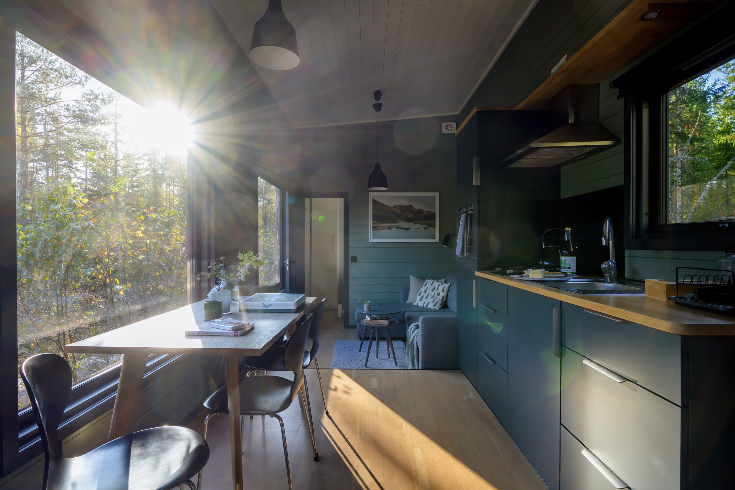 Binnenkant van een Inforest-hut met keuken, eethoek en grote ramen die uitkijken op het bos rondom, in het daglicht.