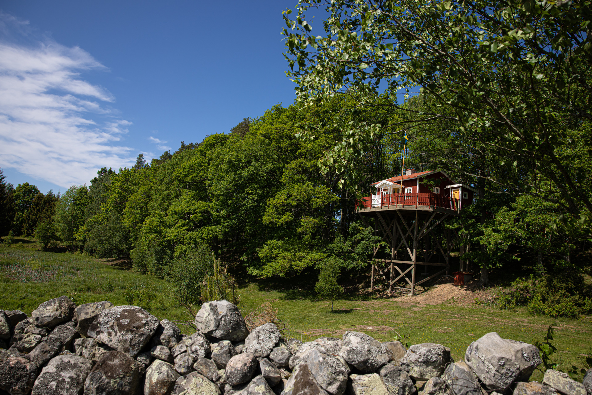 A red tree house 6,5 meters up among the branches of an oak tree. It got a red fens an a wooden staircase.