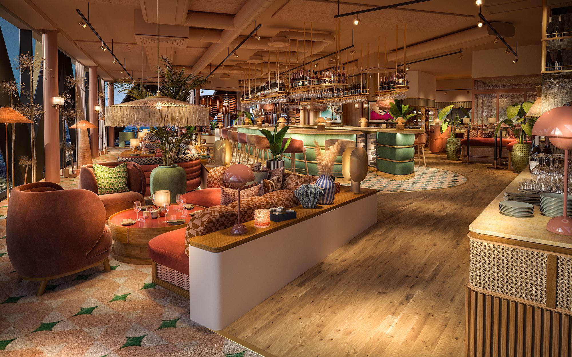 Interieur van een van de restaurants in Jimmy'z Hotel & Resort in Göteborg. Fauteuils en tafels vooraan en een bar op de achtergrond.