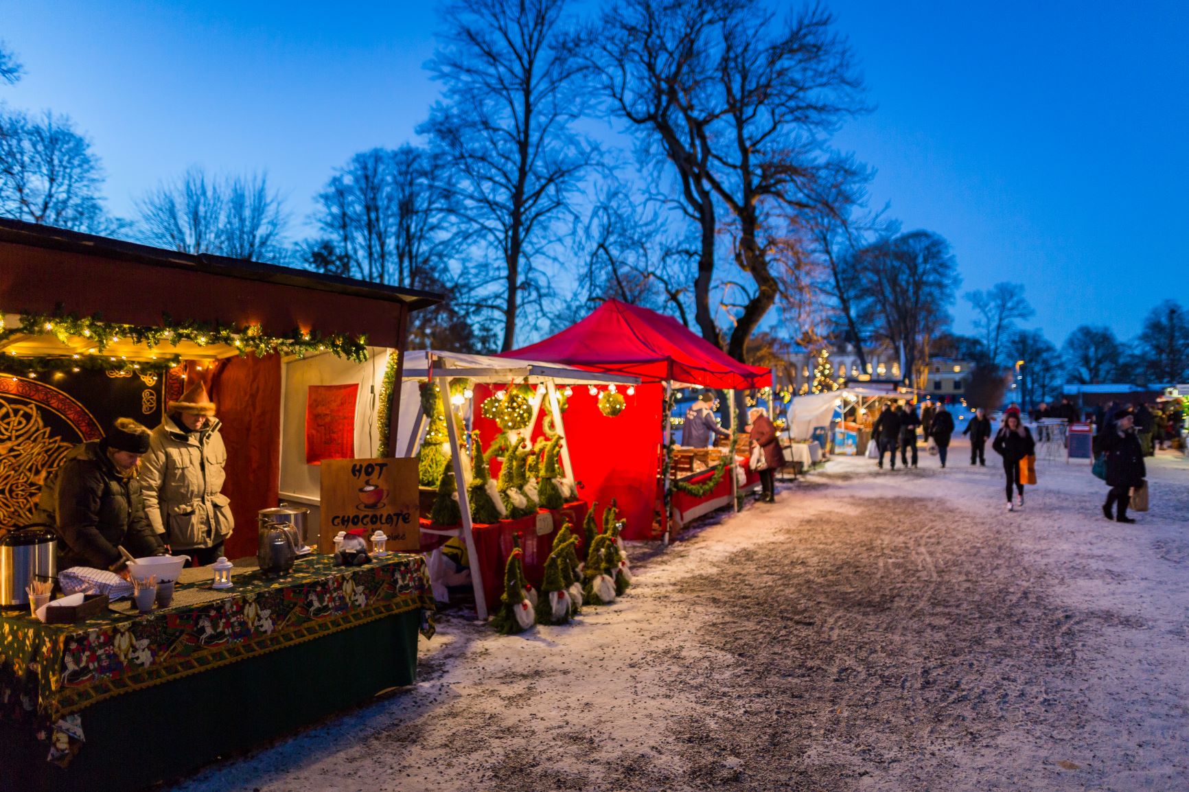 Visitors browse illuminated wooden stalls at the Christmas market outside Taxinge Castle on a winter evening.