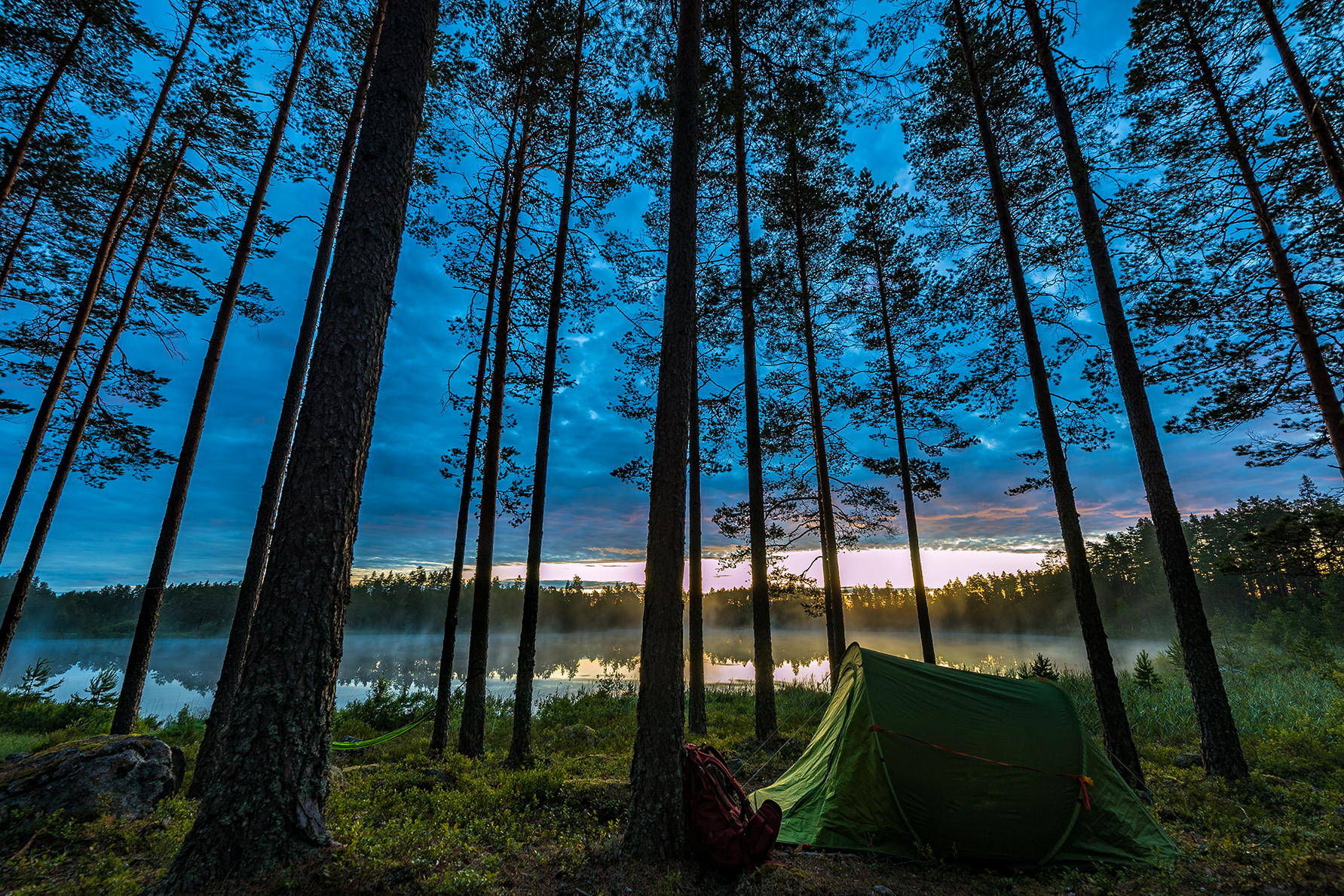 A green tent set up in a forest by a calm lake at dusk, with tall trees and mist rising from the water.