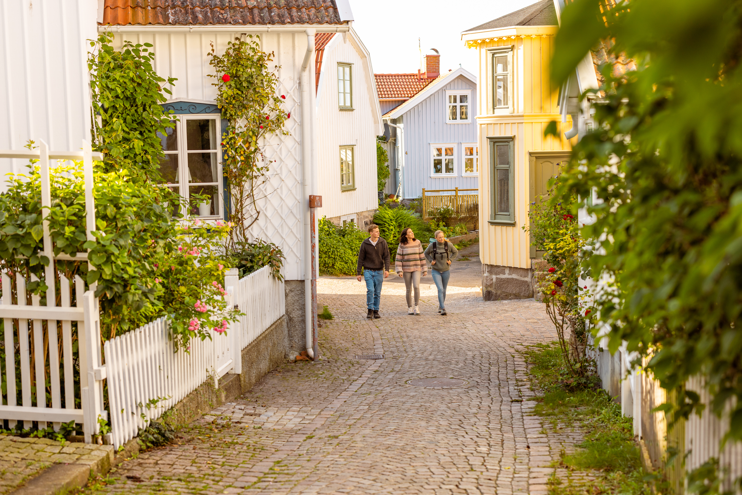Mensen die wandelen door een geplaveide straat met traditionele houten huizen en bloeiende tuinen in Fiskebäckskil.