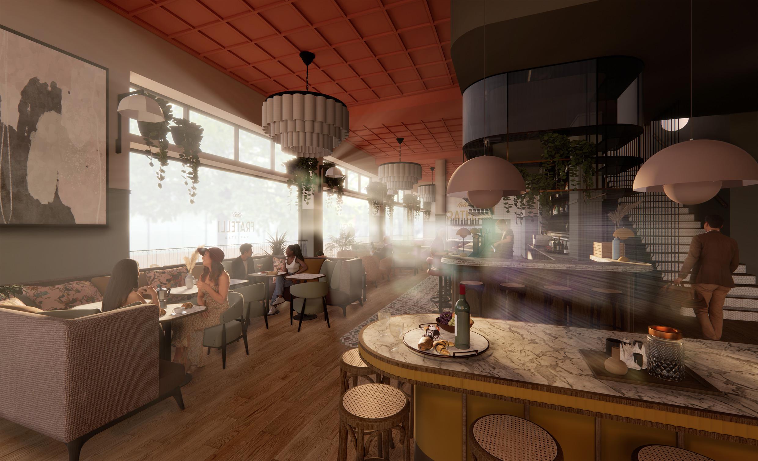 Een visualisatie van de lobbybar van Hotel Fratelli in Karlstad.