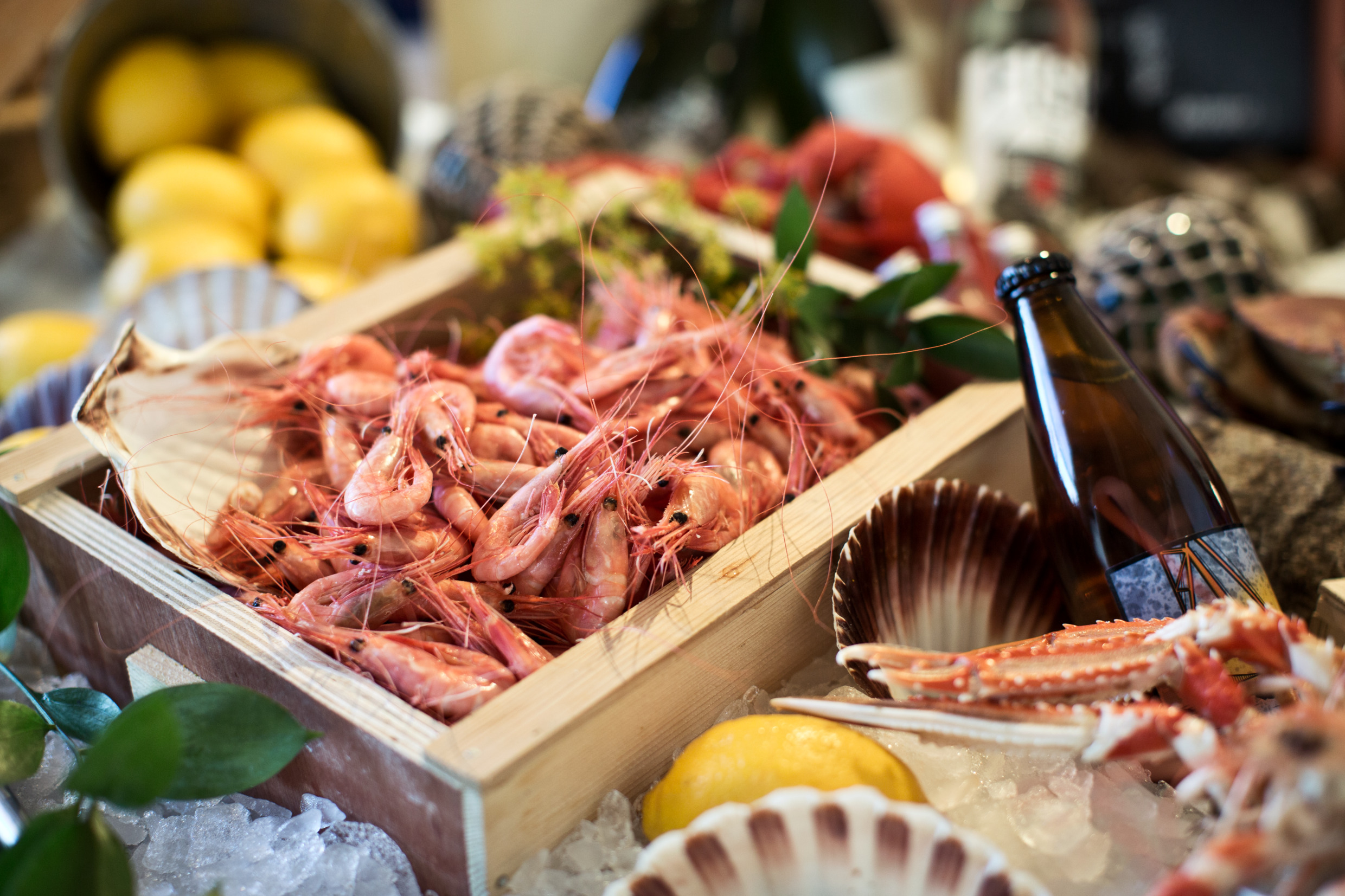 Een schaal met verse schaaldieren, waaronder garnalen en langoustines, op ijs gepresenteerd met citroen en garnituur van zeevruchten.