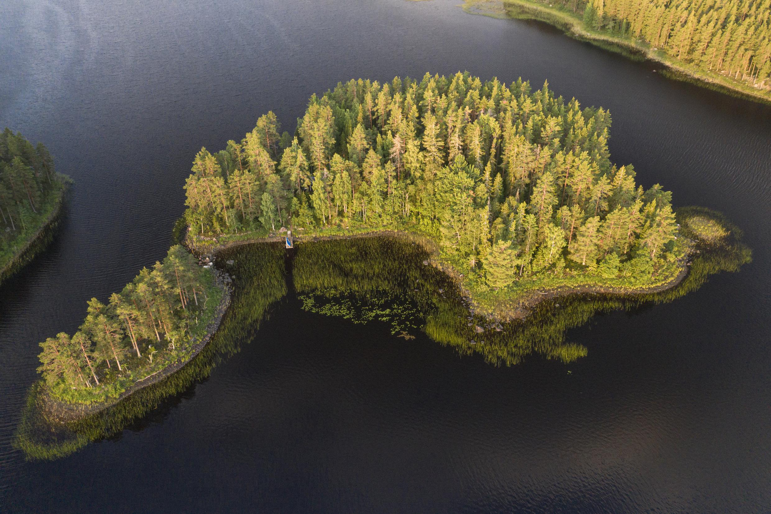 Aerial view of a small forested island surrounded by the waters of Lake Fjärden in Gästrikland.