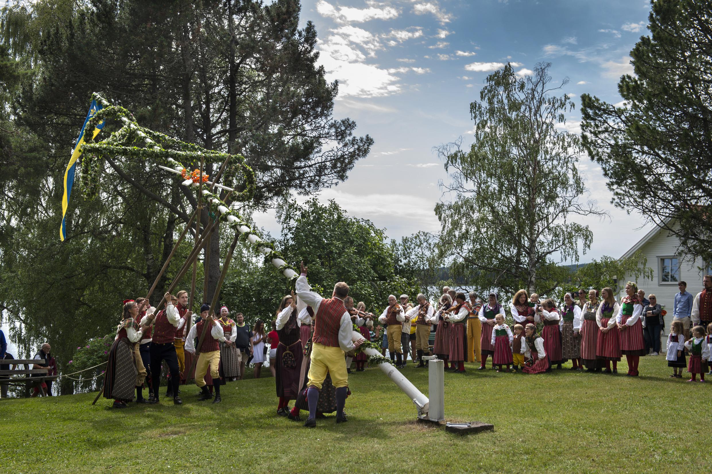 Mensen in klederdracht heffen een meiboom op in een tuin. Er zijn mensen verzameld om te kijken en sommigen spelen op hun viool.