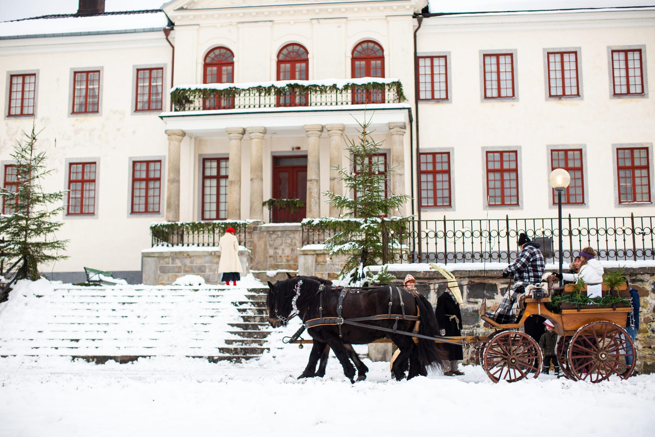 Un attelage se tient devant un grand bâtiment blanc durant l'hiver. Il y a de la neige au sol. Quelques personnes se tiennent debout à côté d'un cheval tandis que d'autres sont assises dans la calèche.