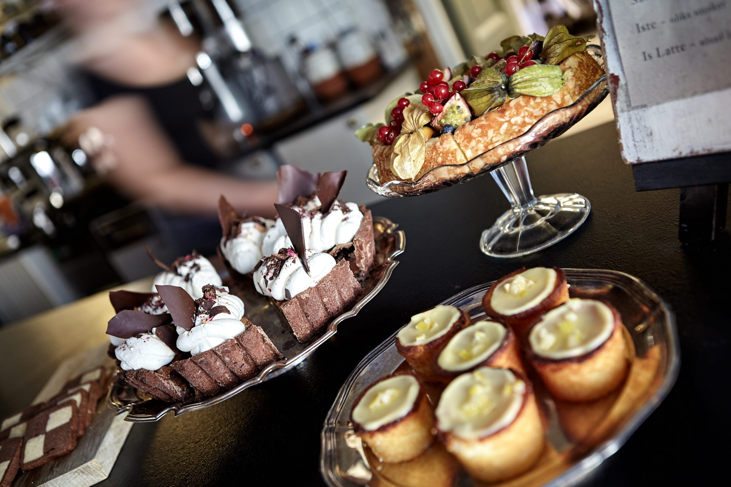 Pies and cakes on a buffet.