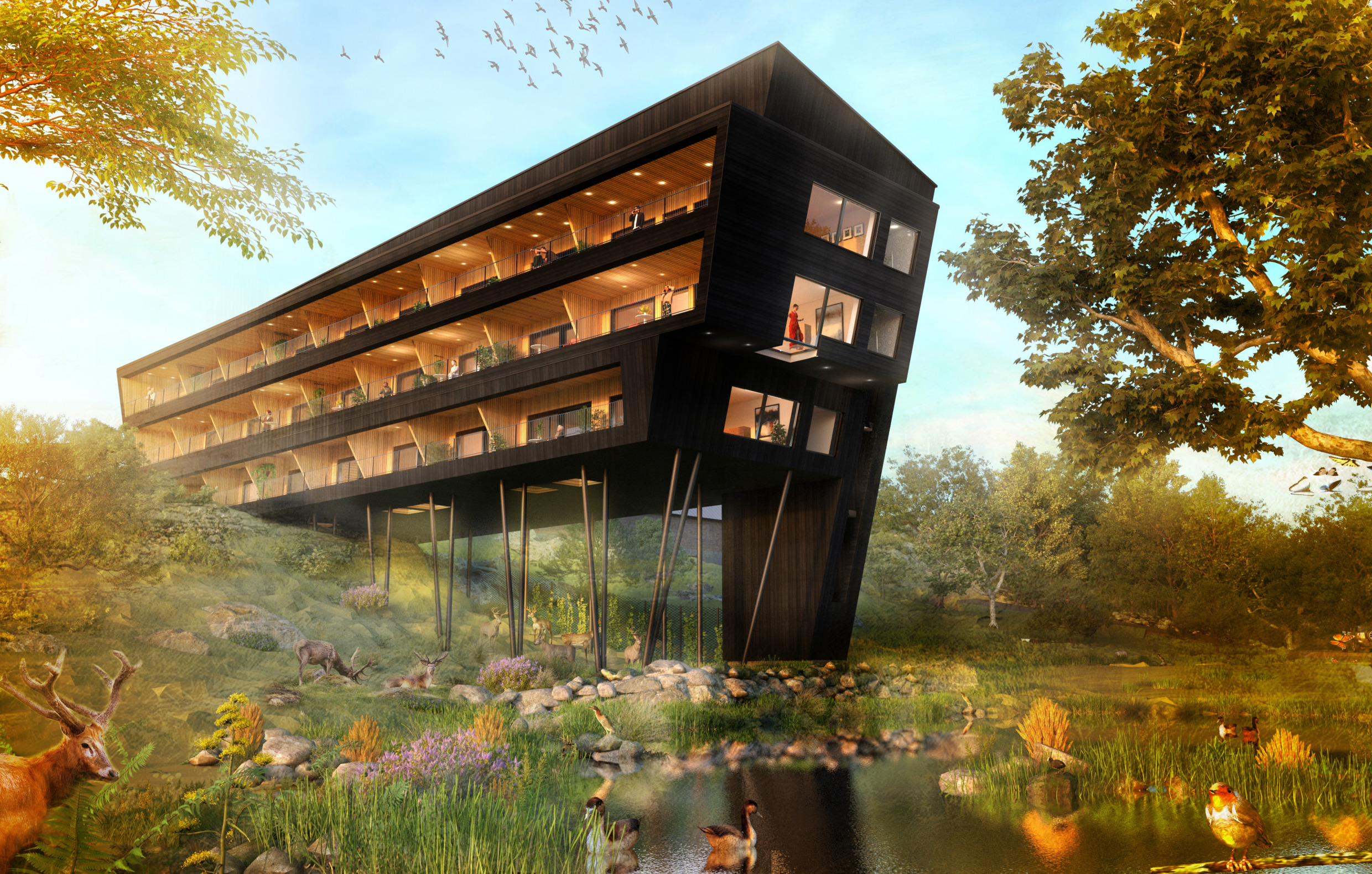 Ein gerendertes Bild des neuen Hotelgebäudes The Ark des Eriksberg Hotel & Nature Reserve.