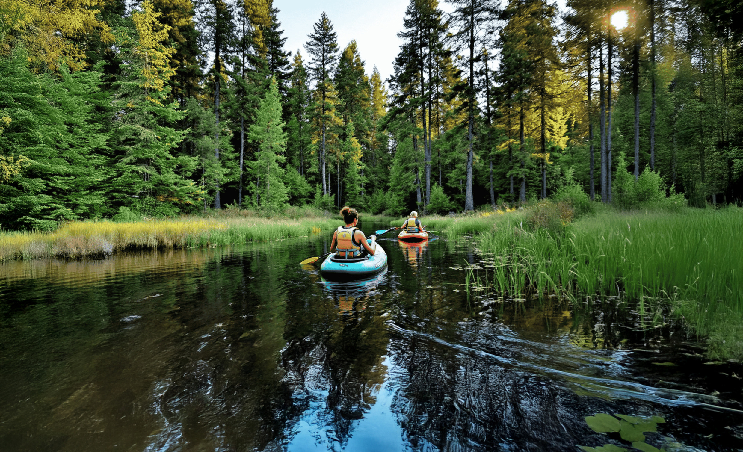 Twee mensen peddelen met opblaasbare packrafts door een smalle, rustige waterweg in het bos bij Säfsen Resort, omringd door hoge bomen en groen.