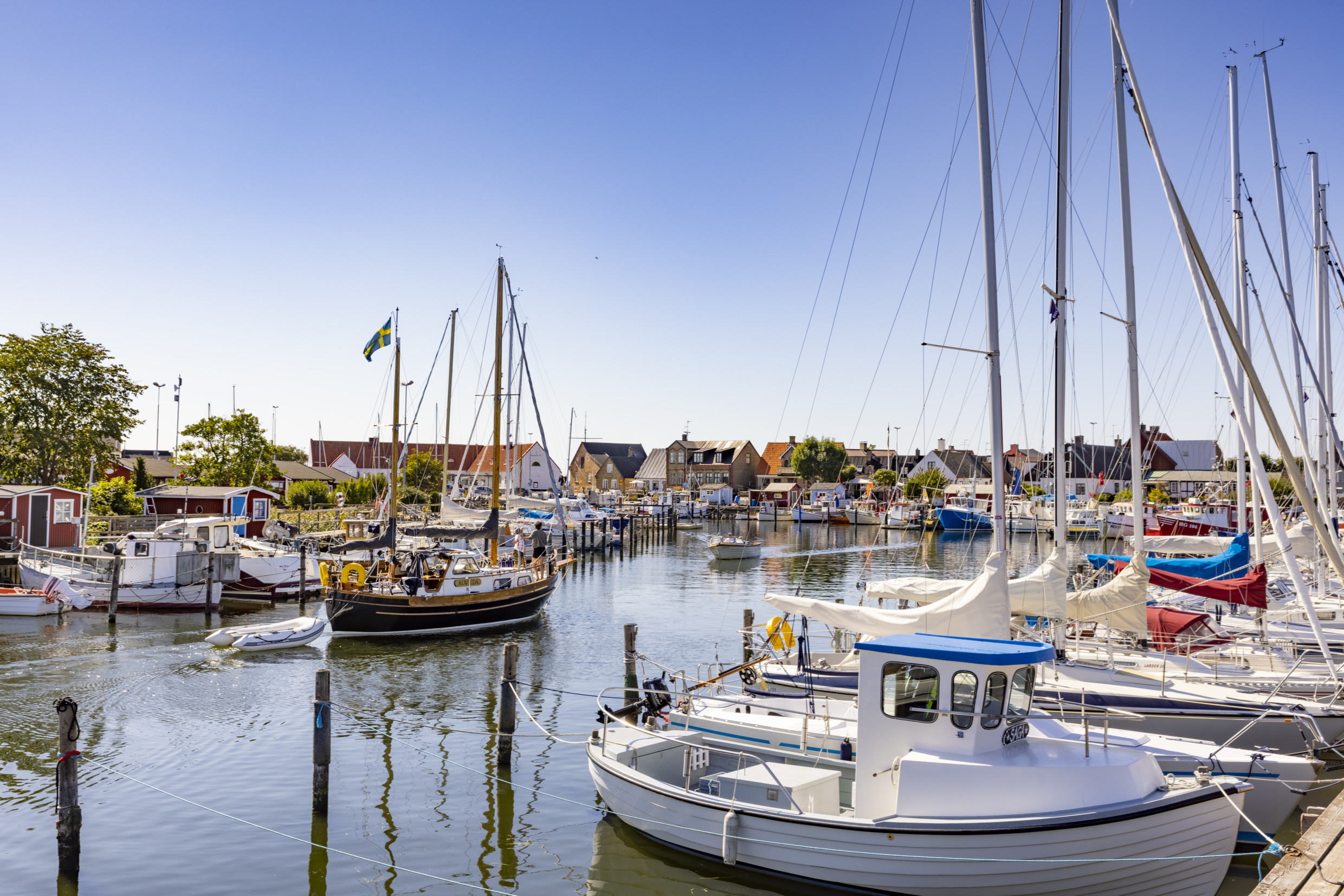 Boats moored in the picturesque harbour of Råå, a historic fishing village near Helsingborg.