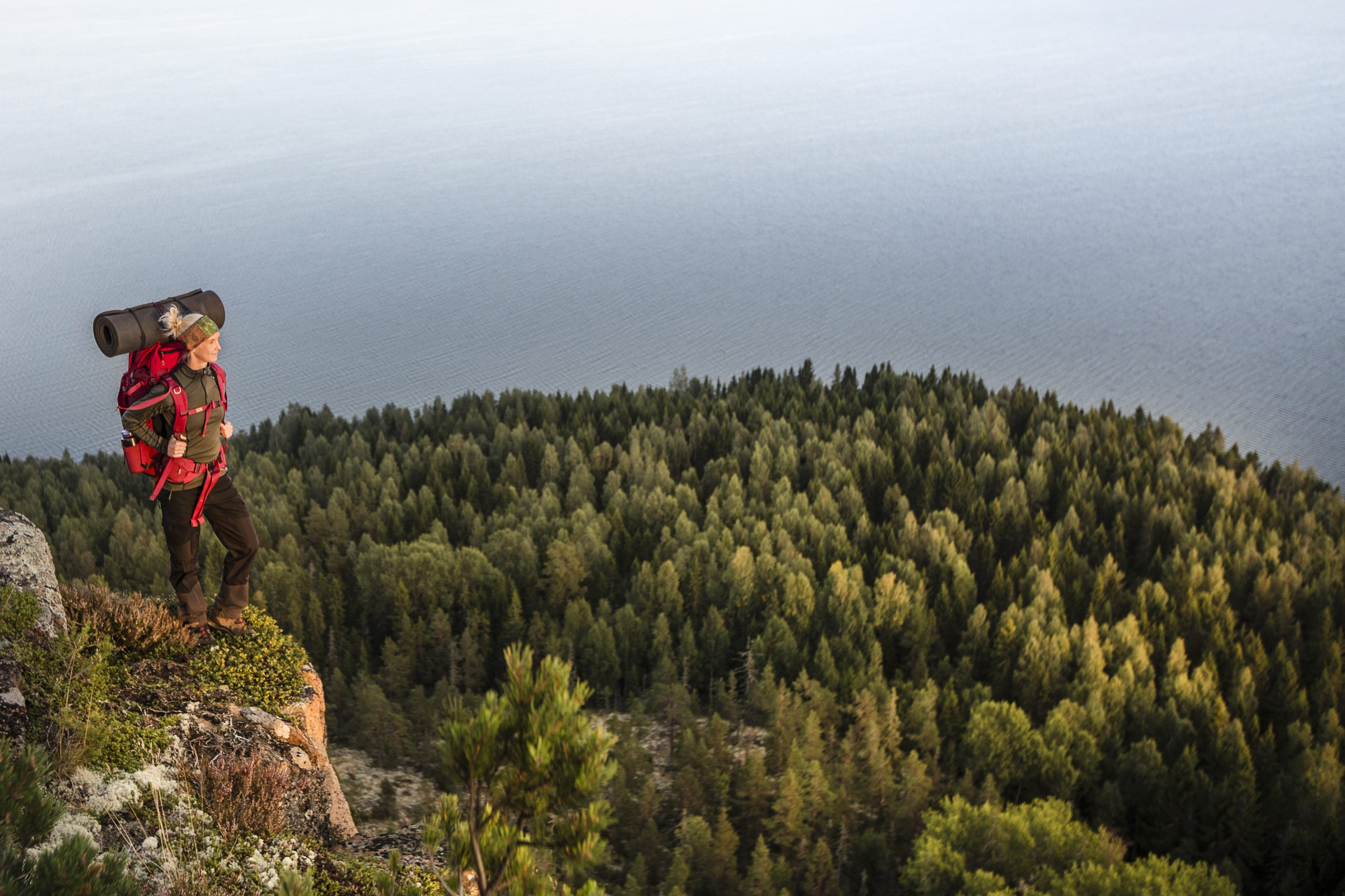 A hiker with a backpack standing on a cliff overlooking dense forest and the sea in the High Coast region of northern Sweden.